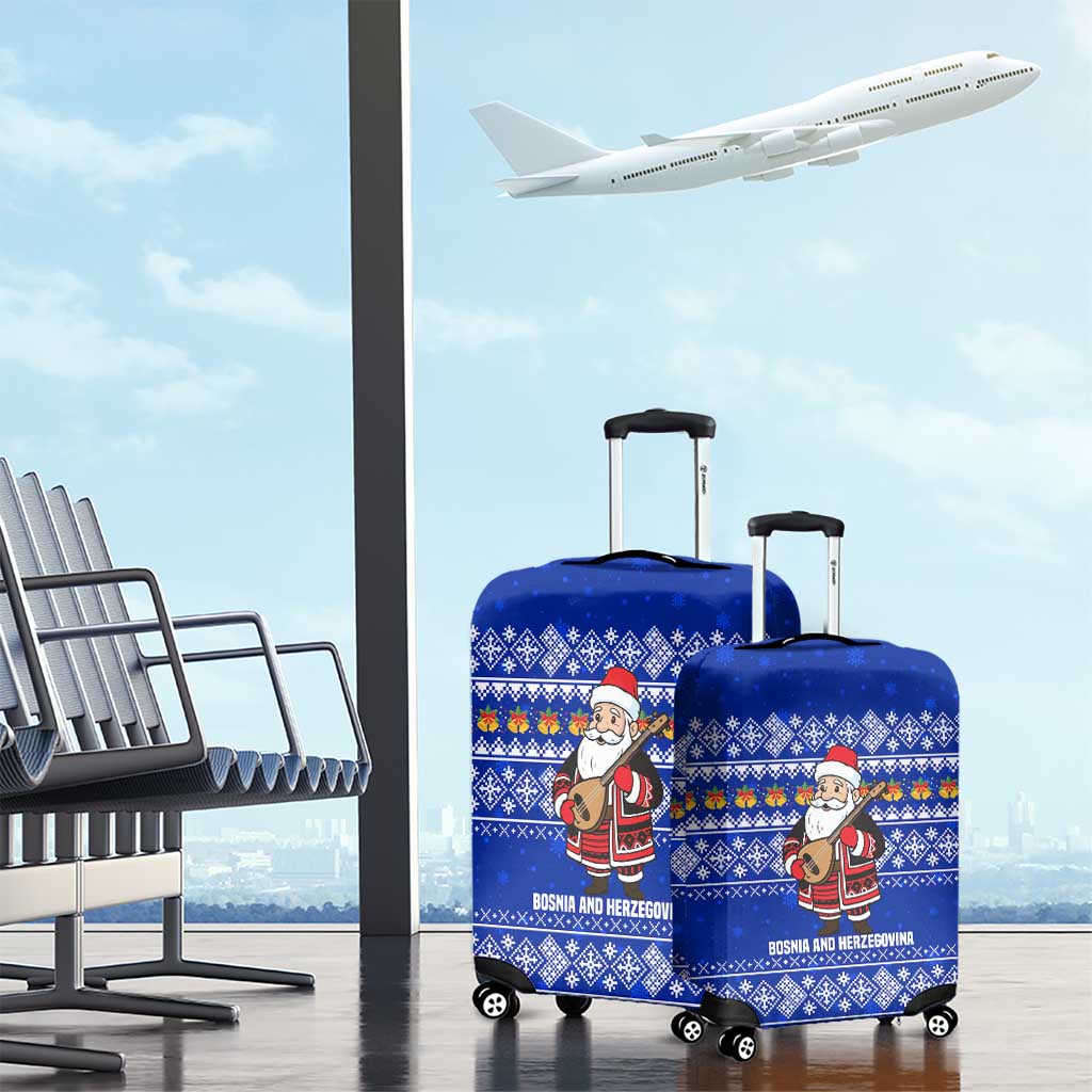 Bosnia and Herzegovina Christmas Luggage Cover with Santa Playing Traditional Instrument and Blue Snowflake Pattern - Wonder Print Shop
