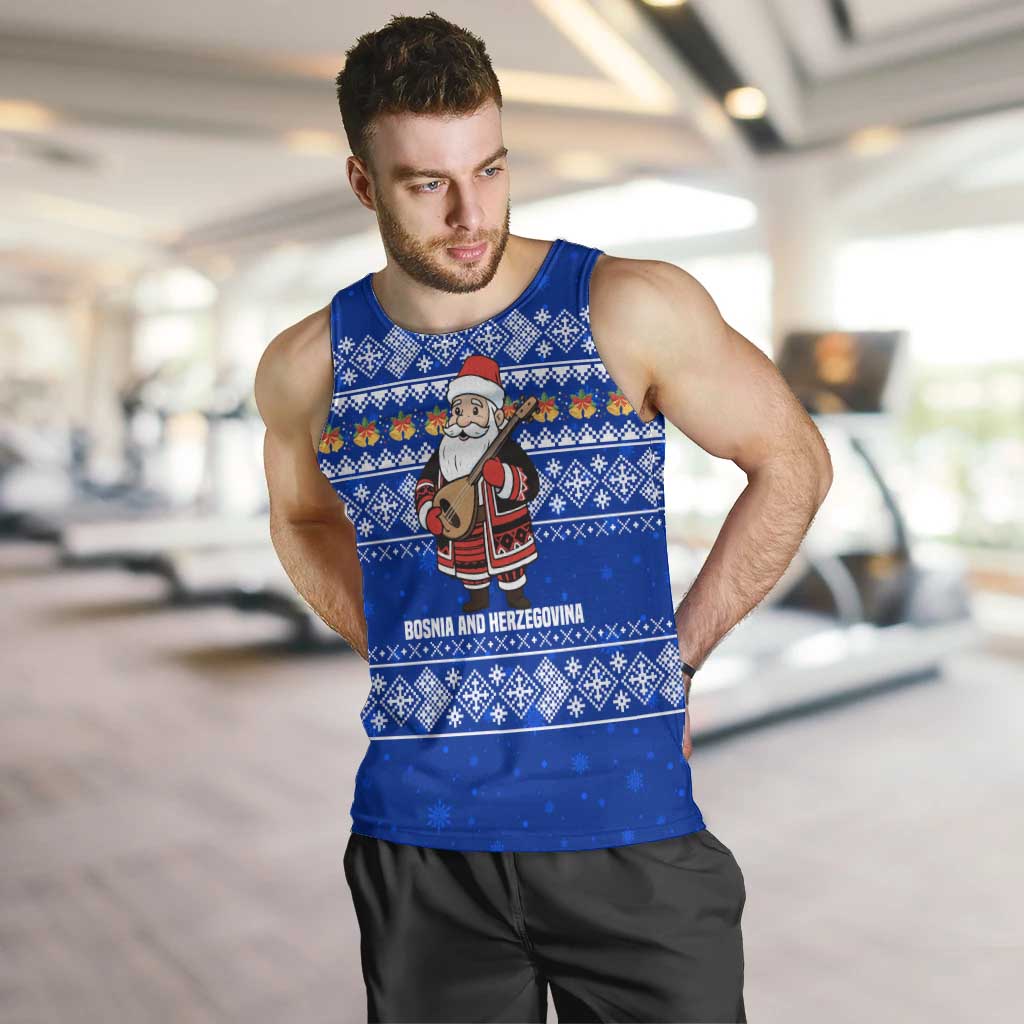 Bosnia and Herzegovina Christmas Men Tank Top with Santa Playing Traditional Instrument and Blue Snowflake Pattern - Wonder Print Shop