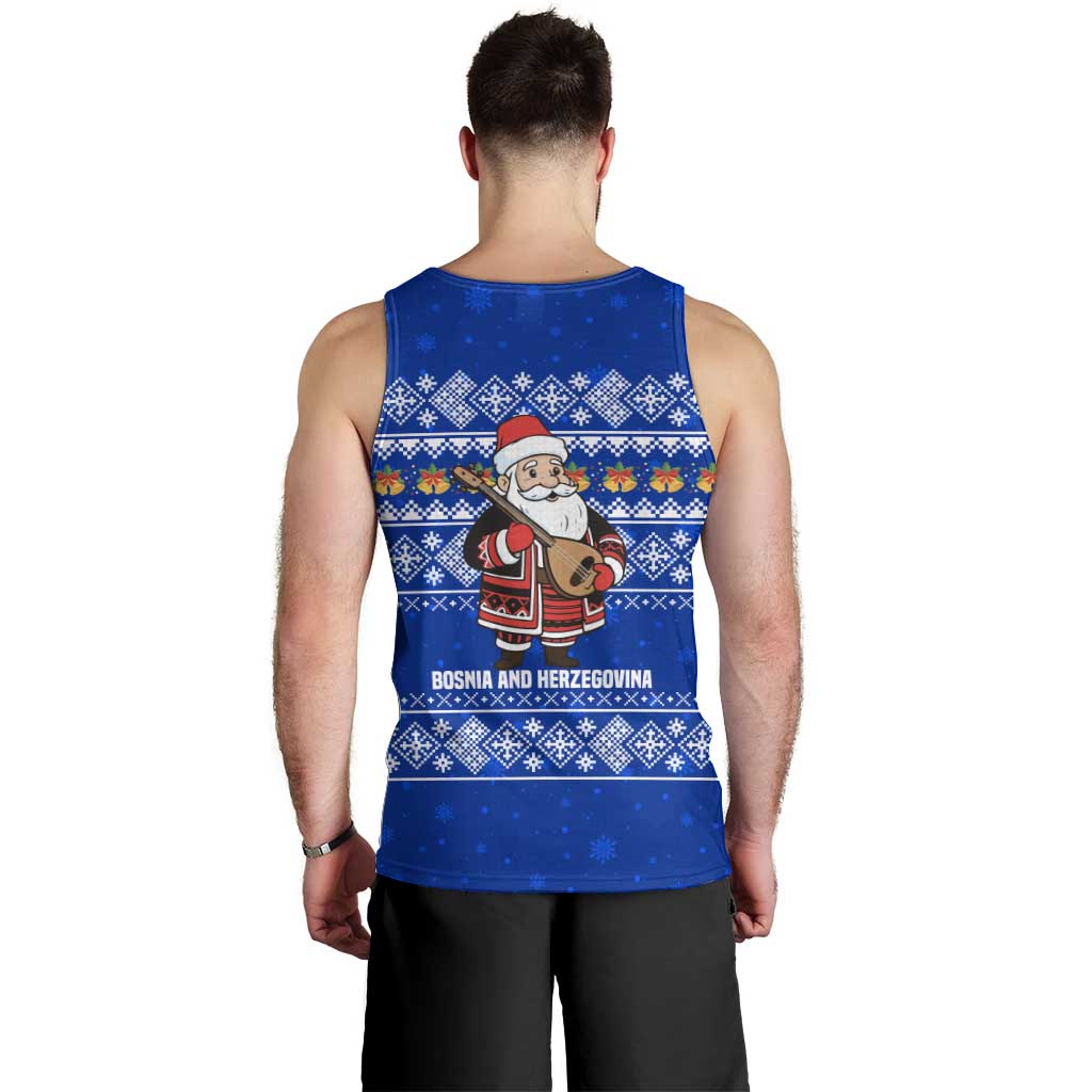 Bosnia and Herzegovina Christmas Men Tank Top with Santa Playing Traditional Instrument and Blue Snowflake Pattern - Wonder Print Shop
