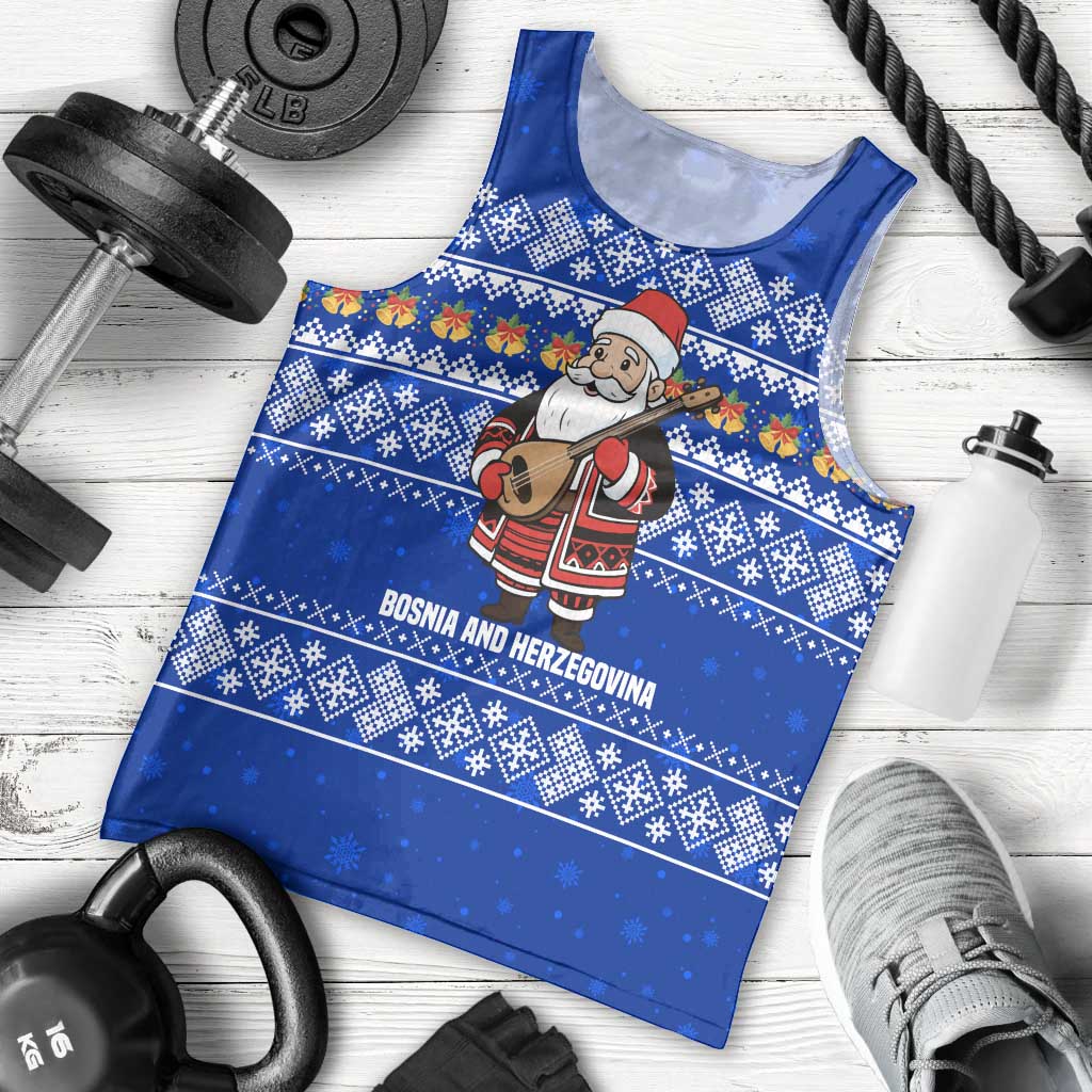Bosnia and Herzegovina Christmas Men Tank Top with Santa Playing Traditional Instrument and Blue Snowflake Pattern - Wonder Print Shop