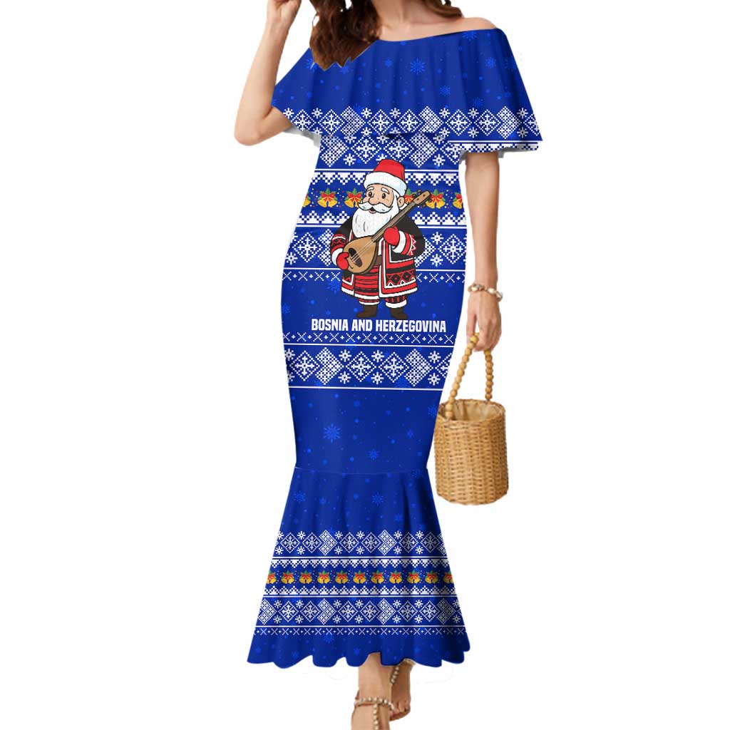 Bosnia and Herzegovina Christmas Mermaid Dress with Santa Playing Traditional Instrument and Blue Snowflake Pattern - Wonder Print Shop