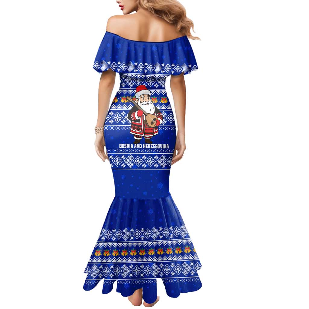 Bosnia and Herzegovina Christmas Mermaid Dress with Santa Playing Traditional Instrument and Blue Snowflake Pattern - Wonder Print Shop