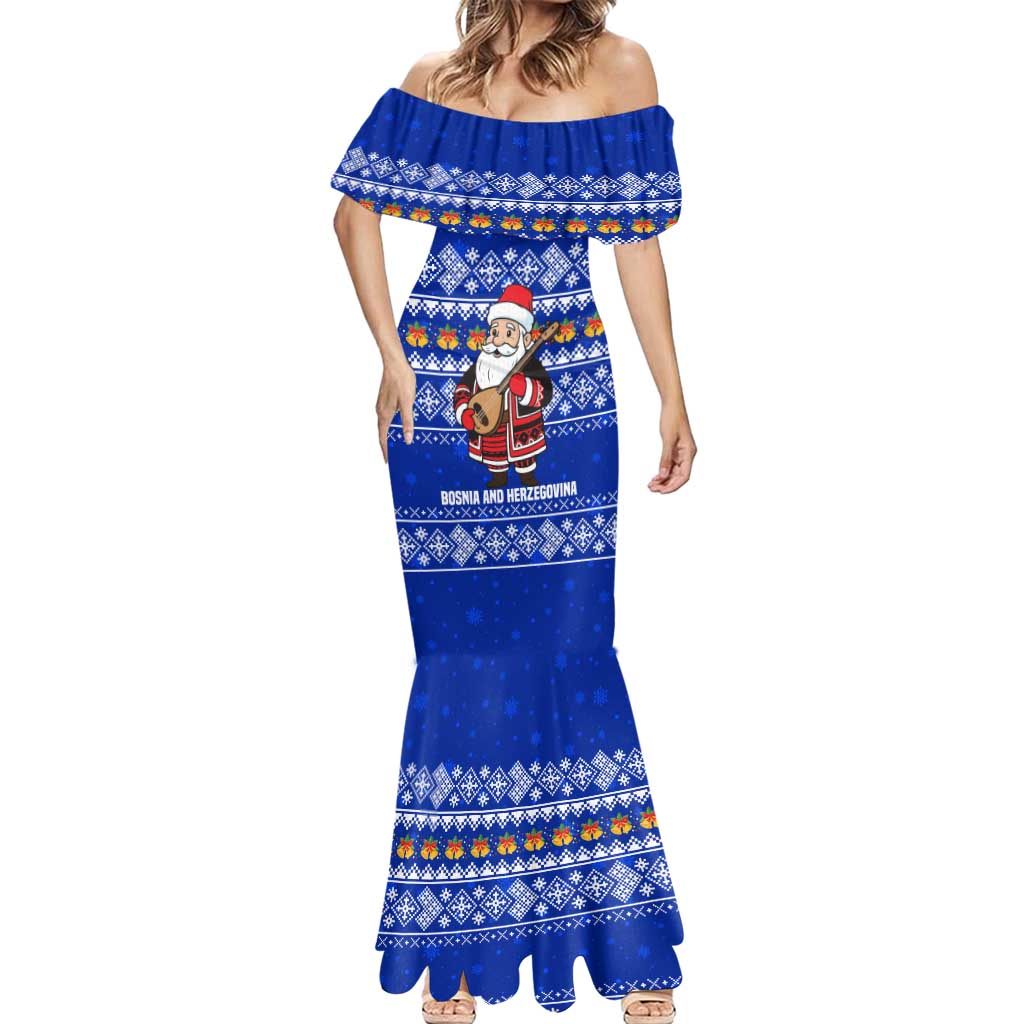Bosnia and Herzegovina Christmas Mermaid Dress with Santa Playing Traditional Instrument and Blue Snowflake Pattern - Wonder Print Shop