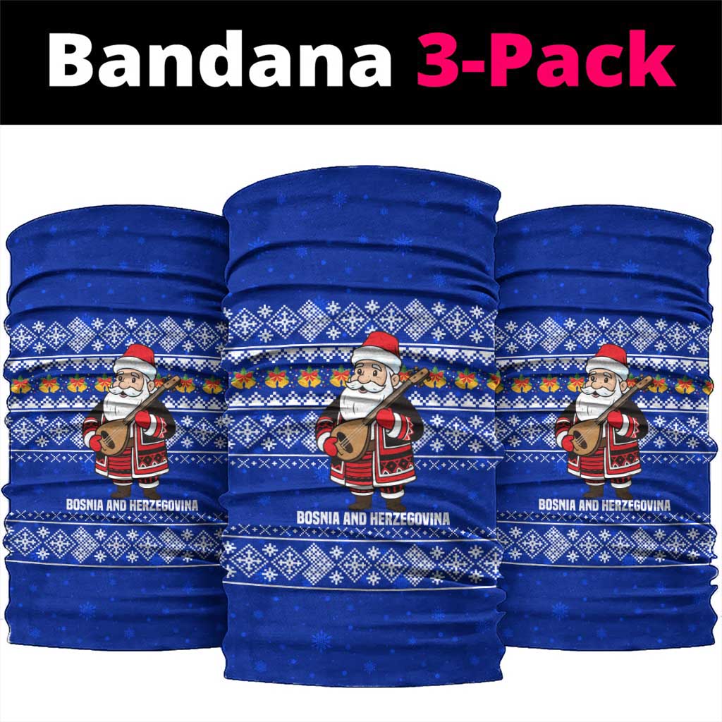 Bosnia and Herzegovina Christmas Neck Gaiter with Santa Playing Traditional Instrument and Blue Snowflake Pattern - Wonder Print Shop