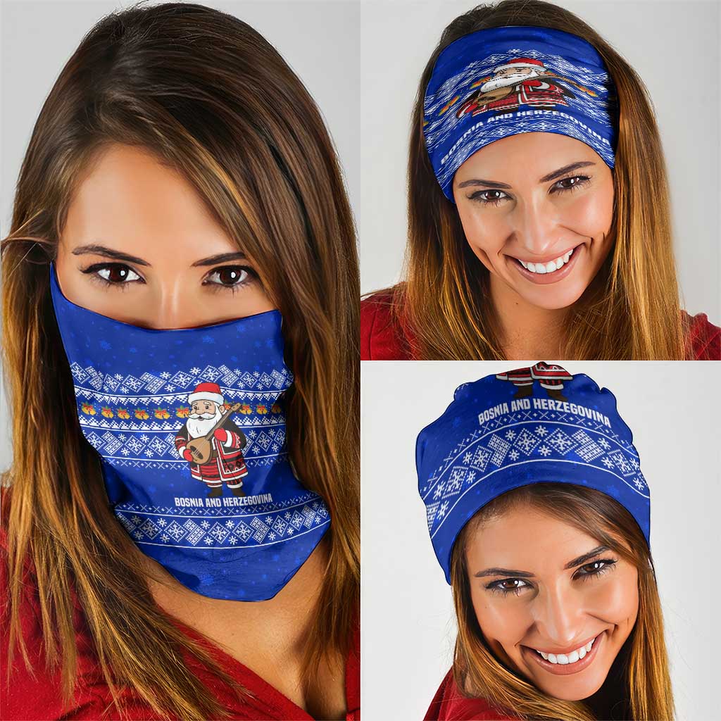 Bosnia and Herzegovina Christmas Neck Gaiter with Santa Playing Traditional Instrument and Blue Snowflake Pattern - Wonder Print Shop