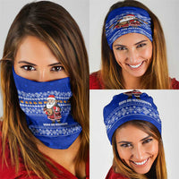 Bosnia and Herzegovina Christmas Neck Gaiter with Santa Playing Traditional Instrument and Blue Snowflake Pattern - Wonder Print Shop