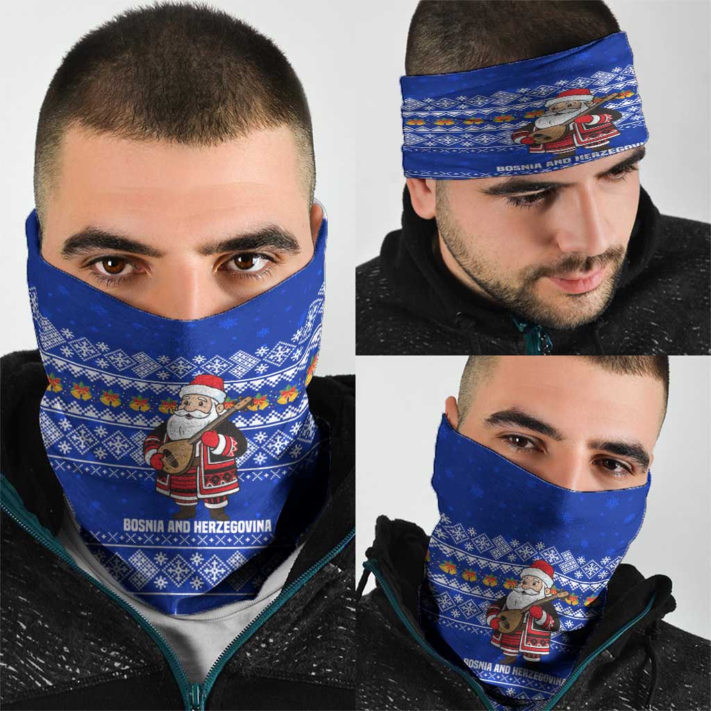 Bosnia and Herzegovina Christmas Neck Gaiter with Santa Playing Traditional Instrument and Blue Snowflake Pattern - Wonder Print Shop