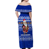 Bosnia and Herzegovina Christmas Off Shoulder Maxi Dress with Santa Playing Traditional Instrument and Blue Snowflake Pattern - Wonder Print Shop