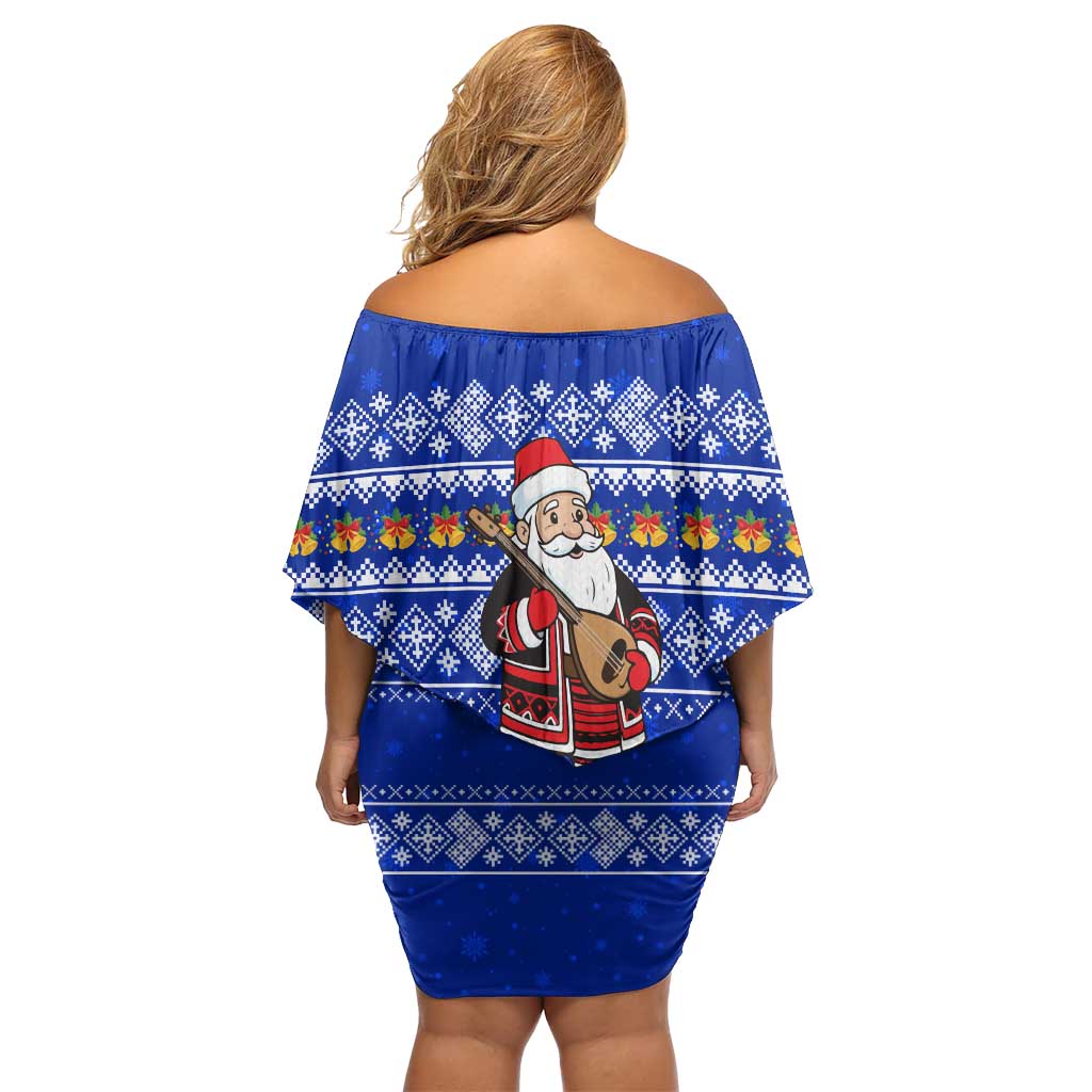 Bosnia and Herzegovina Christmas Off Shoulder Short Dress with Santa Playing Traditional Instrument and Blue Snowflake Pattern - Wonder Print Shop
