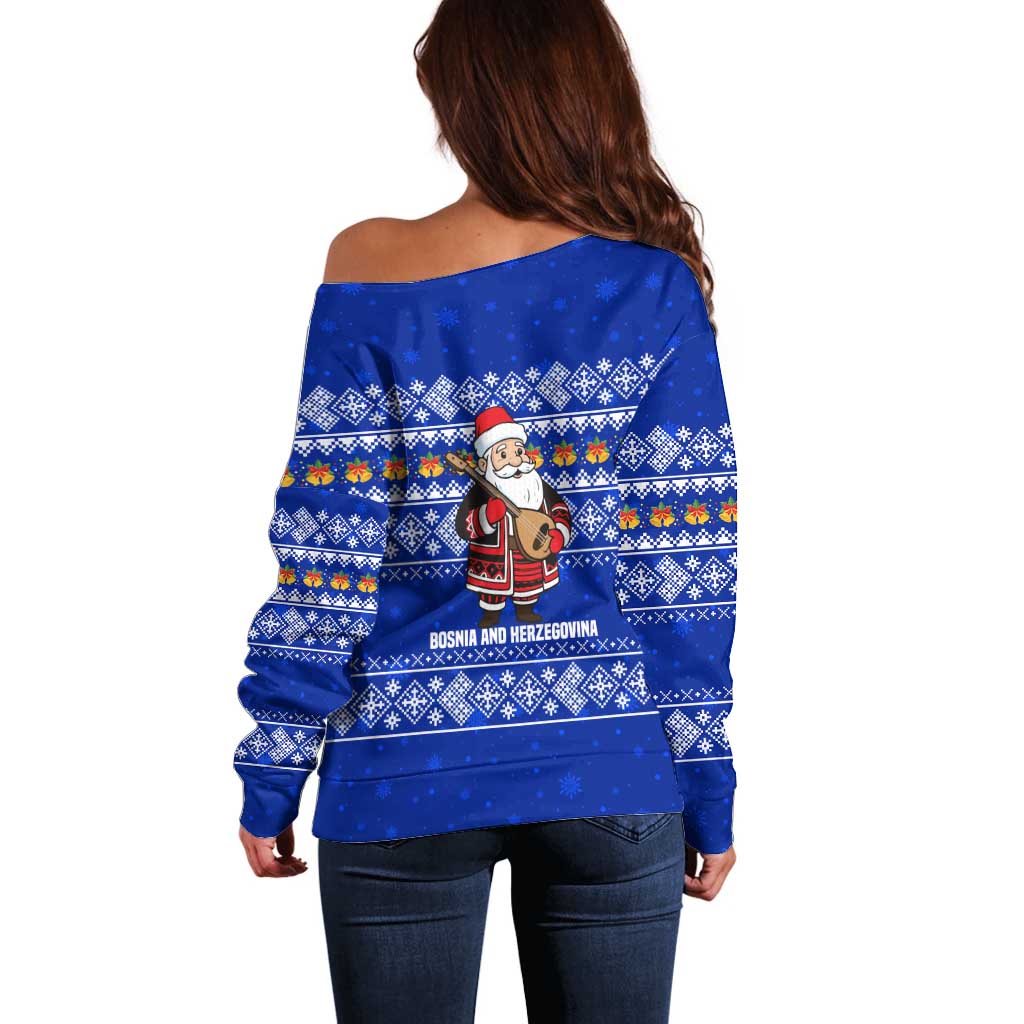 Bosnia and Herzegovina Christmas Off Shoulder Sweater with Santa Playing Traditional Instrument and Blue Snowflake Pattern - Wonder Print Shop