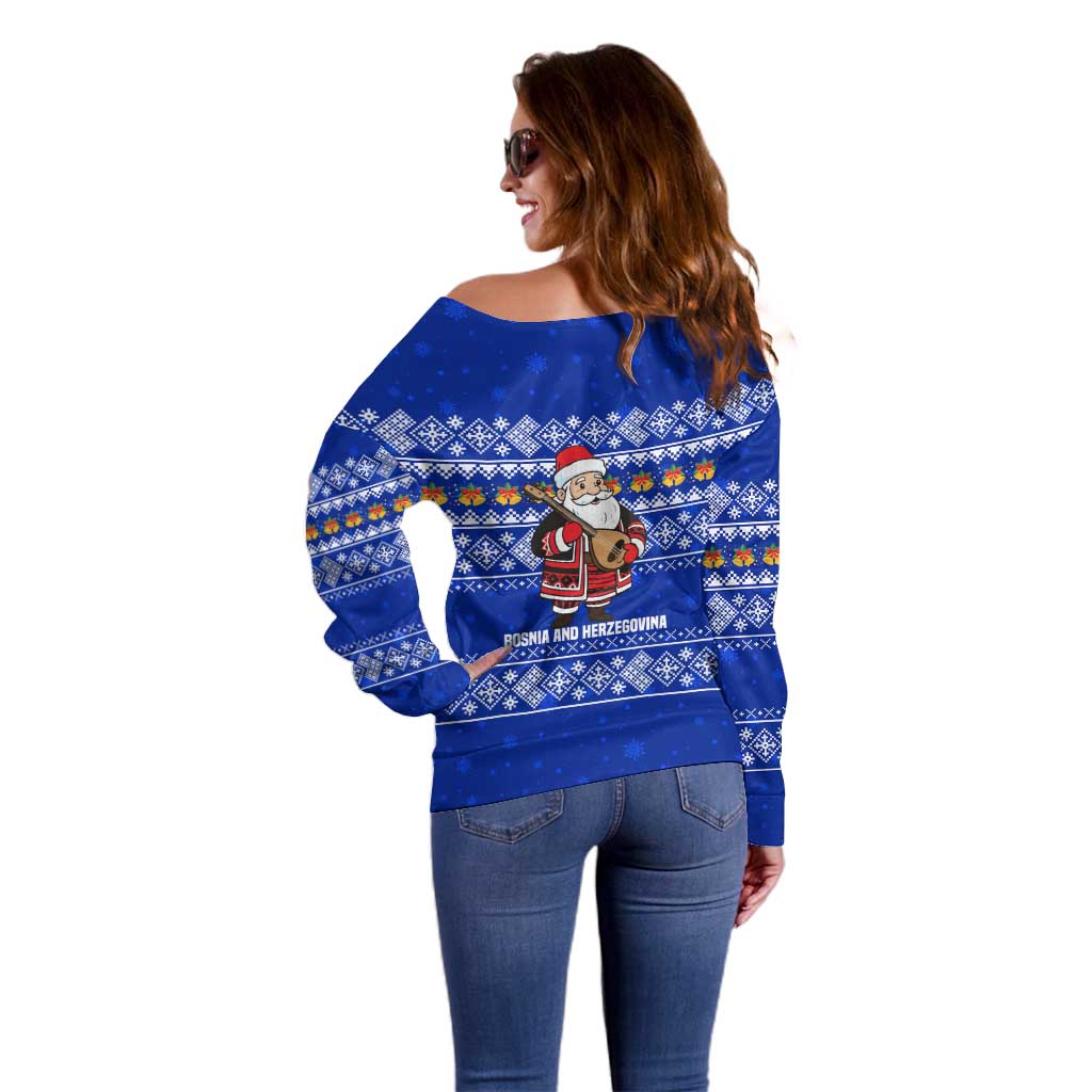 Bosnia and Herzegovina Christmas Off Shoulder Sweater with Santa Playing Traditional Instrument and Blue Snowflake Pattern - Wonder Print Shop