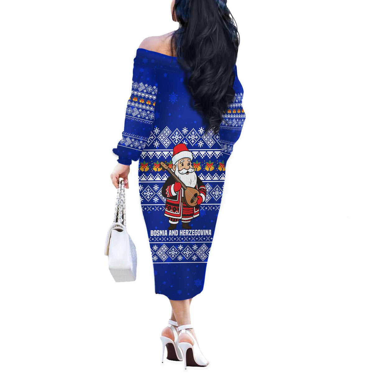Bosnia and Herzegovina Christmas Off The Shoulder Long Sleeve Dress with Santa Playing Traditional Instrument and Blue Snowflake Pattern - Wonder Print Shop