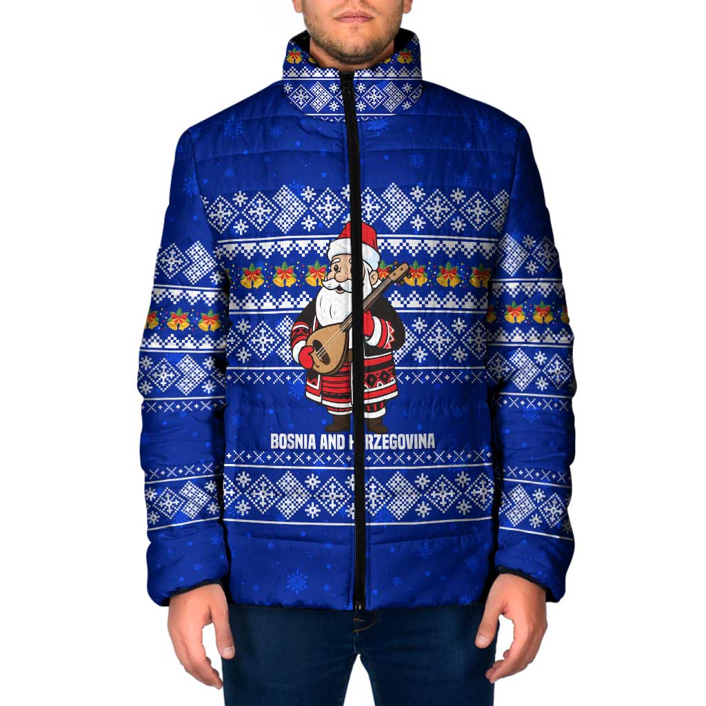 Bosnia and Herzegovina Christmas Padded Jacket with Santa Playing Traditional Instrument and Blue Snowflake Pattern - Wonder Print Shop