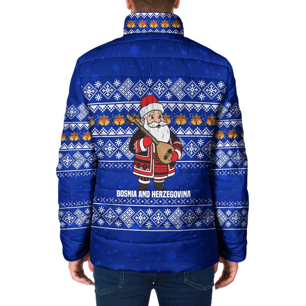 Bosnia and Herzegovina Christmas Padded Jacket with Santa Playing Traditional Instrument and Blue Snowflake Pattern - Wonder Print Shop