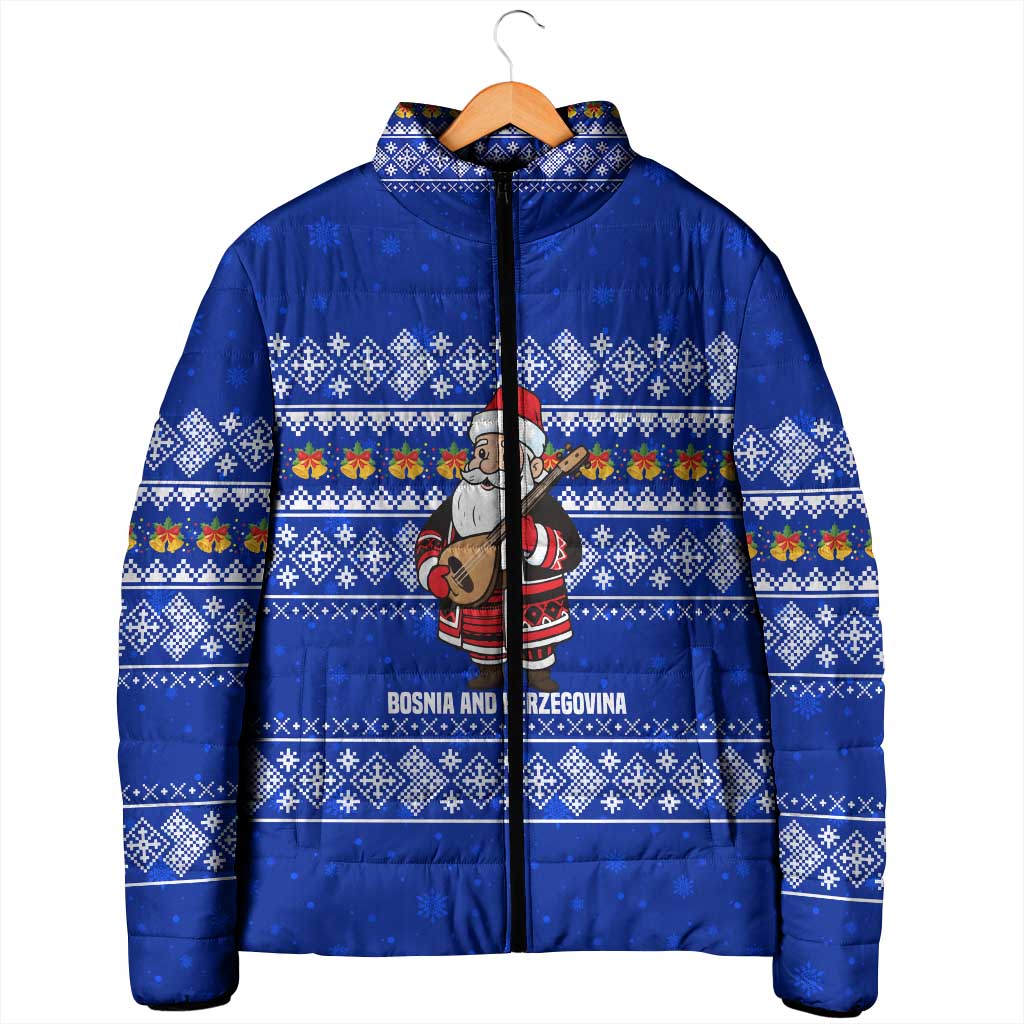 Bosnia and Herzegovina Christmas Padded Jacket with Santa Playing Traditional Instrument and Blue Snowflake Pattern - Wonder Print Shop