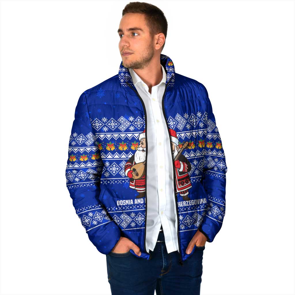 Bosnia and Herzegovina Christmas Padded Jacket with Santa Playing Traditional Instrument and Blue Snowflake Pattern - Wonder Print Shop