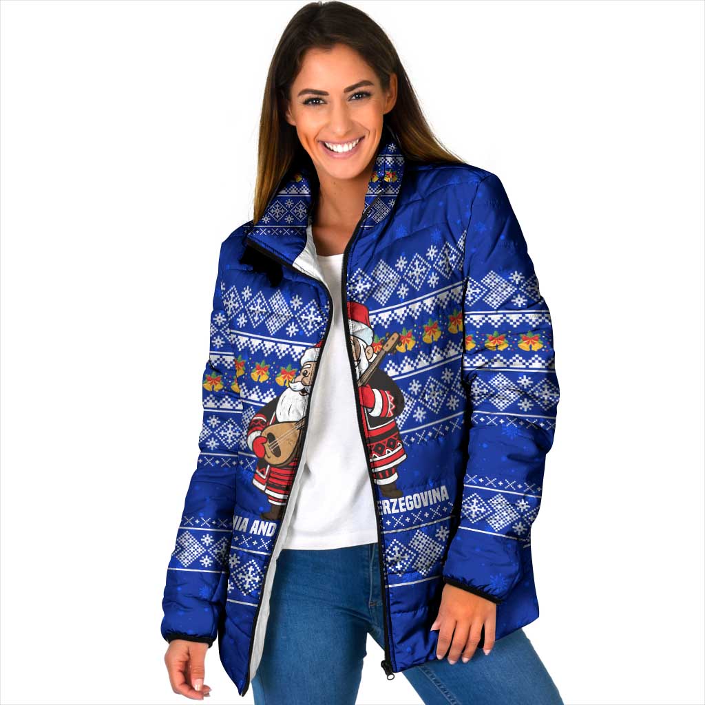Bosnia and Herzegovina Christmas Padded Jacket with Santa Playing Traditional Instrument and Blue Snowflake Pattern - Wonder Print Shop