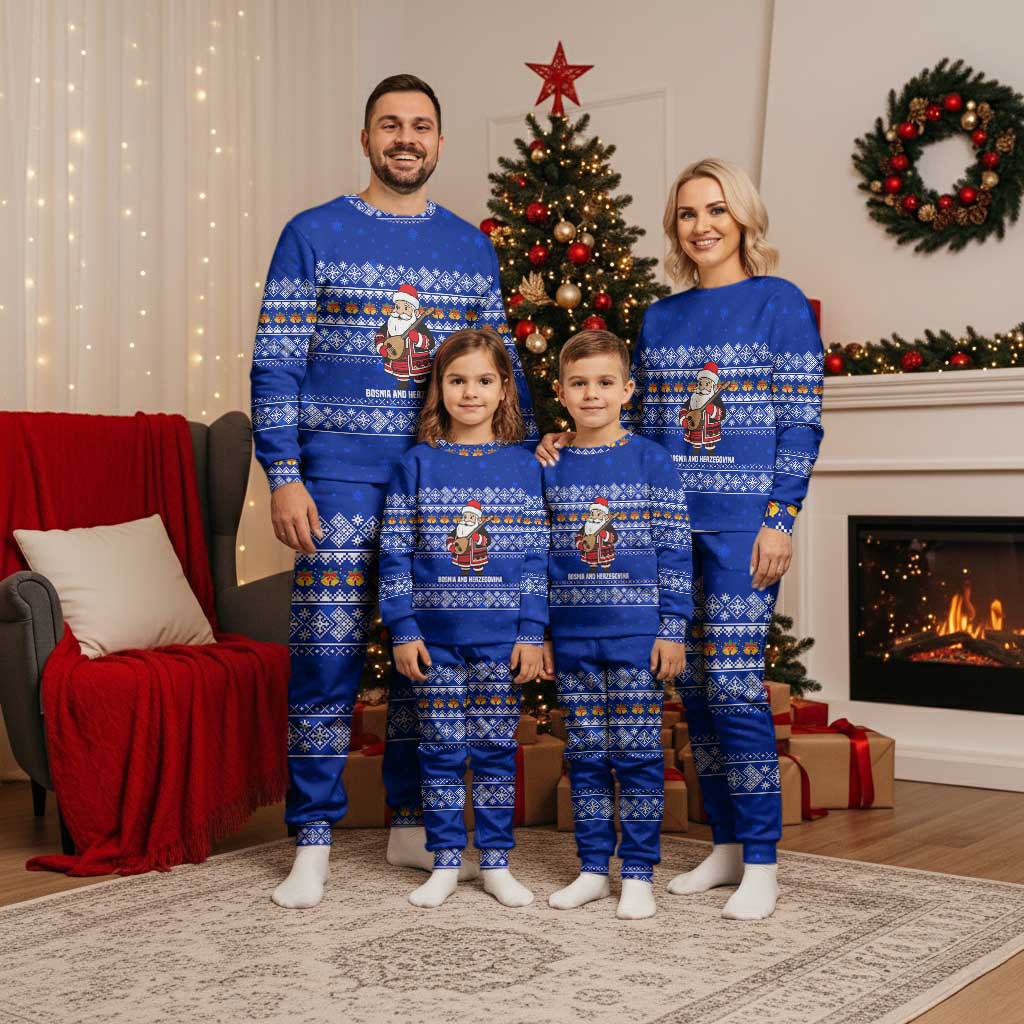 Bosnia and Herzegovina Christmas Pajama Set with Santa Playing Traditional Instrument and Blue Snowflake Pattern - Wonder Print Shop