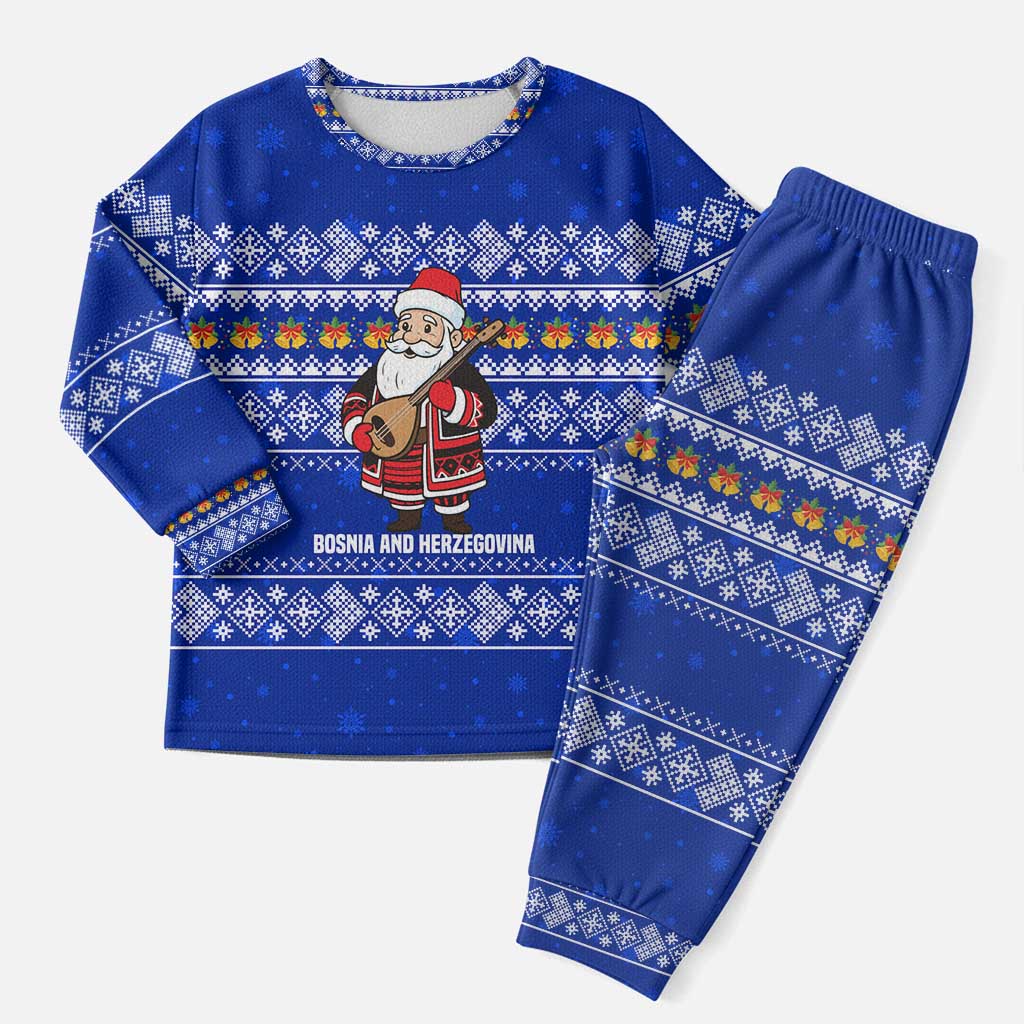 Bosnia and Herzegovina Christmas Pajama Set with Santa Playing Traditional Instrument and Blue Snowflake Pattern - Wonder Print Shop