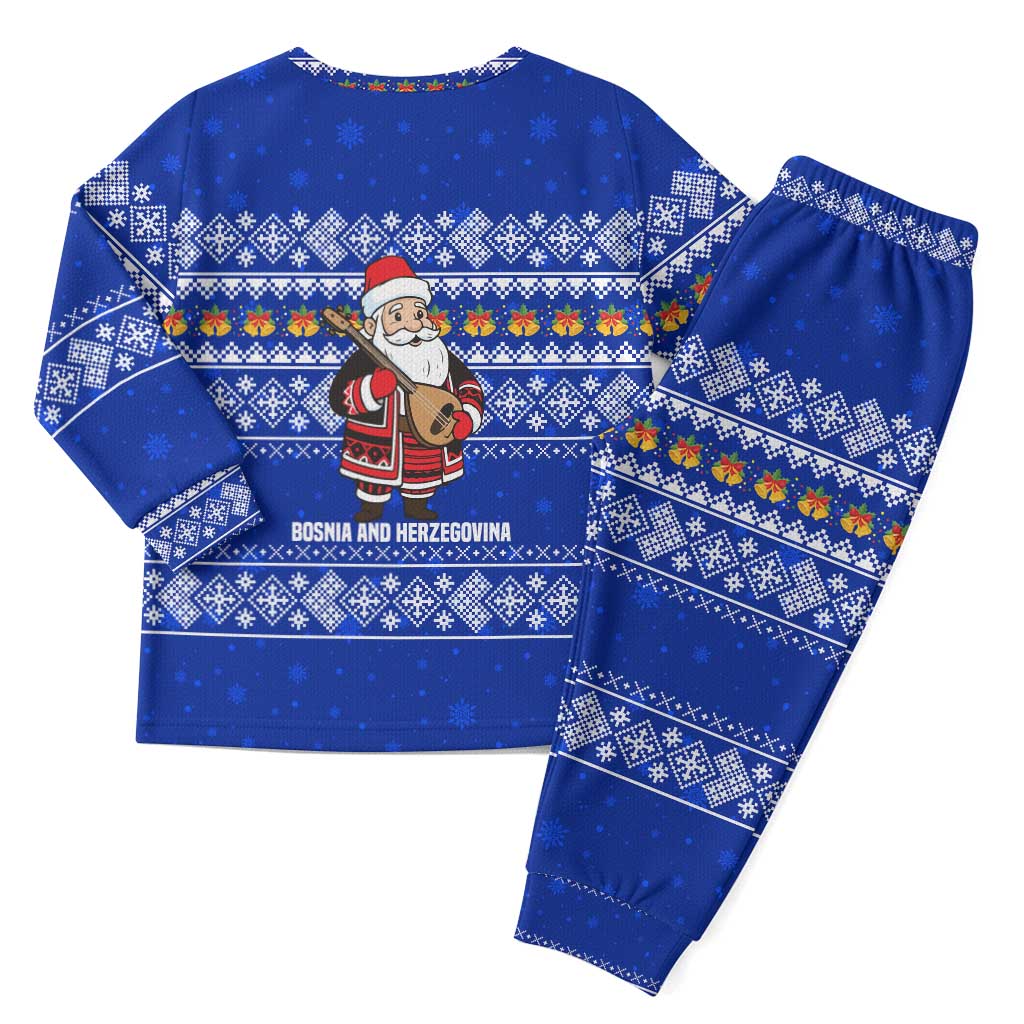 Bosnia and Herzegovina Christmas Pajama Set with Santa Playing Traditional Instrument and Blue Snowflake Pattern - Wonder Print Shop