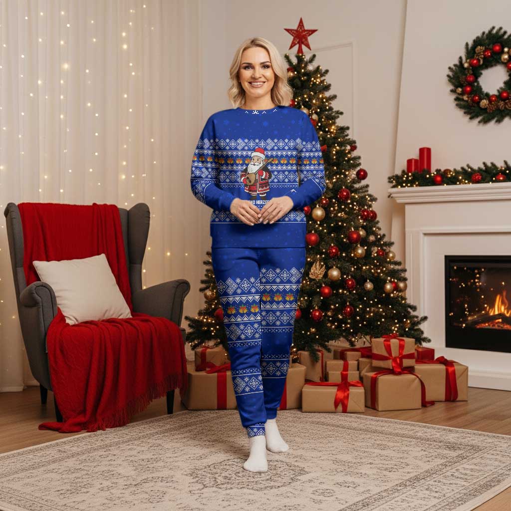 Bosnia and Herzegovina Christmas Pajama Set with Santa Playing Traditional Instrument and Blue Snowflake Pattern - Wonder Print Shop