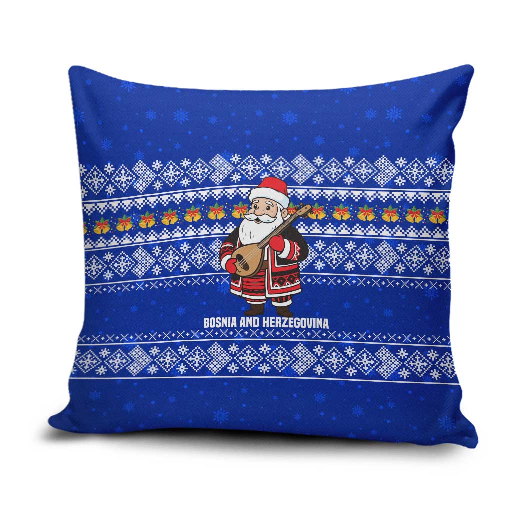 Bosnia and Herzegovina Christmas Pillow Cover with Santa Playing Traditional Instrument and Blue Snowflake Pattern - Wonder Print Shop
