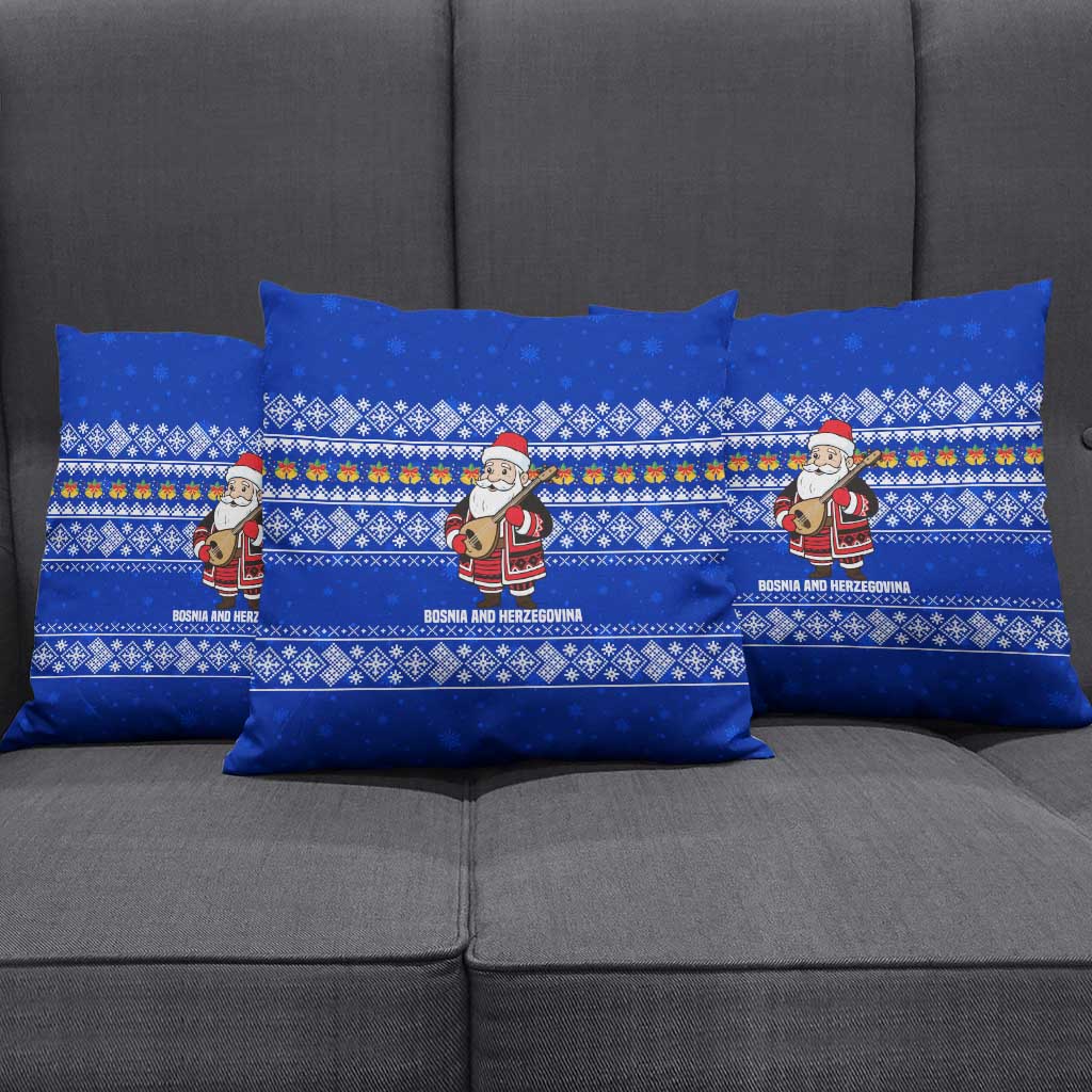 Bosnia and Herzegovina Christmas Pillow Cover with Santa Playing Traditional Instrument and Blue Snowflake Pattern - Wonder Print Shop