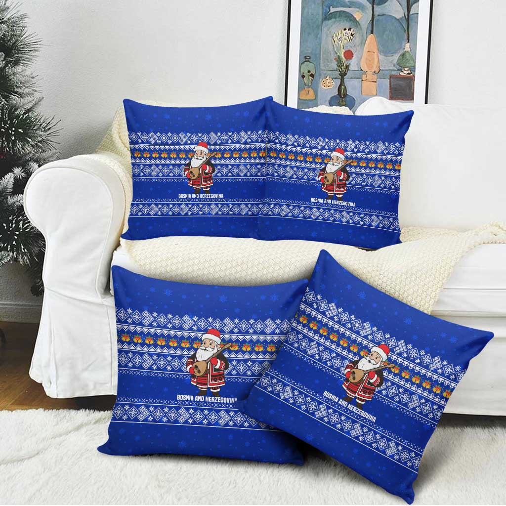 Bosnia and Herzegovina Christmas Pillow Cover with Santa Playing Traditional Instrument and Blue Snowflake Pattern - Wonder Print Shop