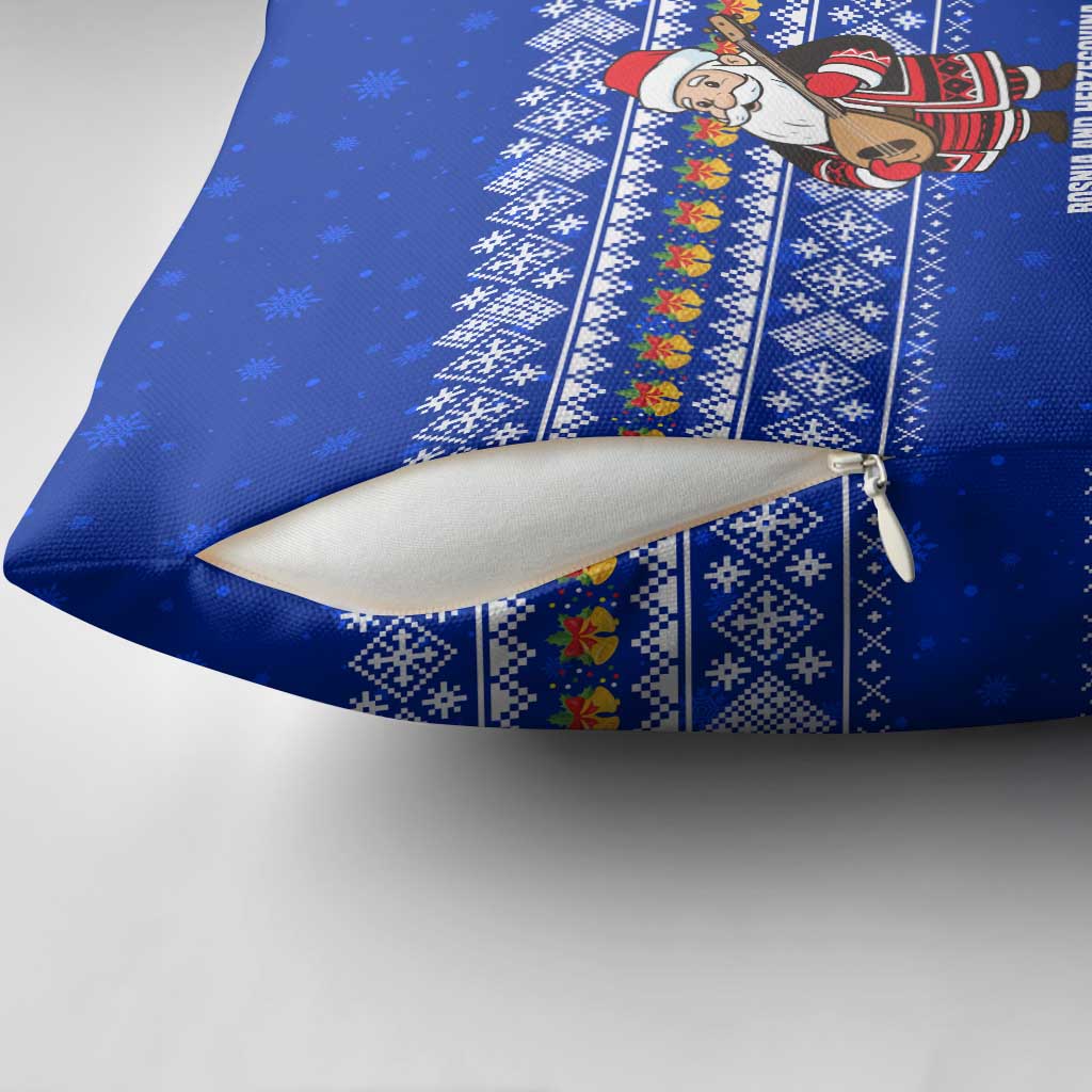Bosnia and Herzegovina Christmas Pillow Cover with Santa Playing Traditional Instrument and Blue Snowflake Pattern - Wonder Print Shop