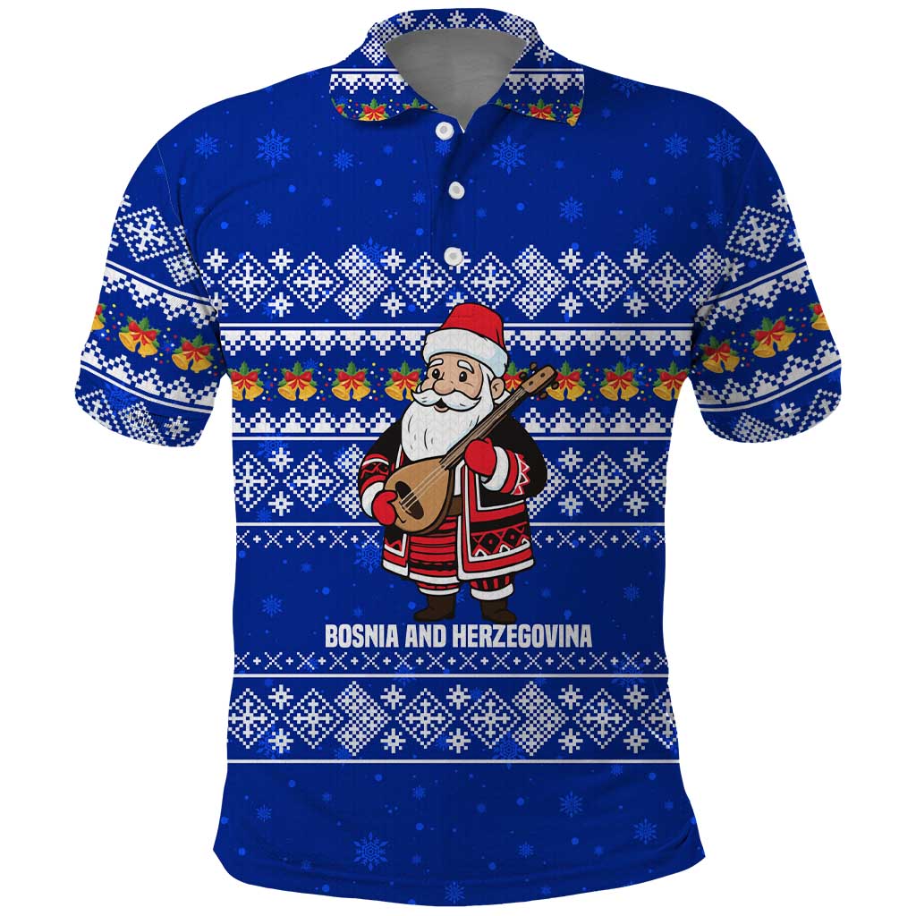 Bosnia and Herzegovina Christmas Polo Shirt with Santa Playing Traditional Instrument and Blue Snowflake Pattern - Wonder Print Shop