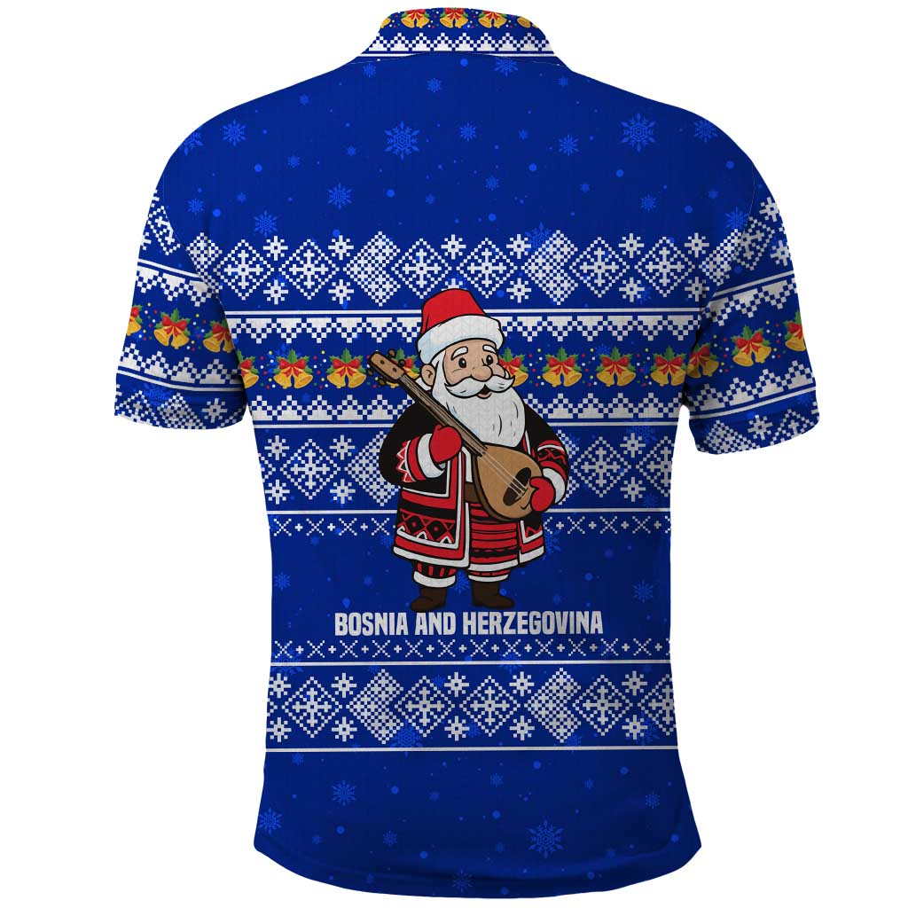 Bosnia and Herzegovina Christmas Polo Shirt with Santa Playing Traditional Instrument and Blue Snowflake Pattern - Wonder Print Shop
