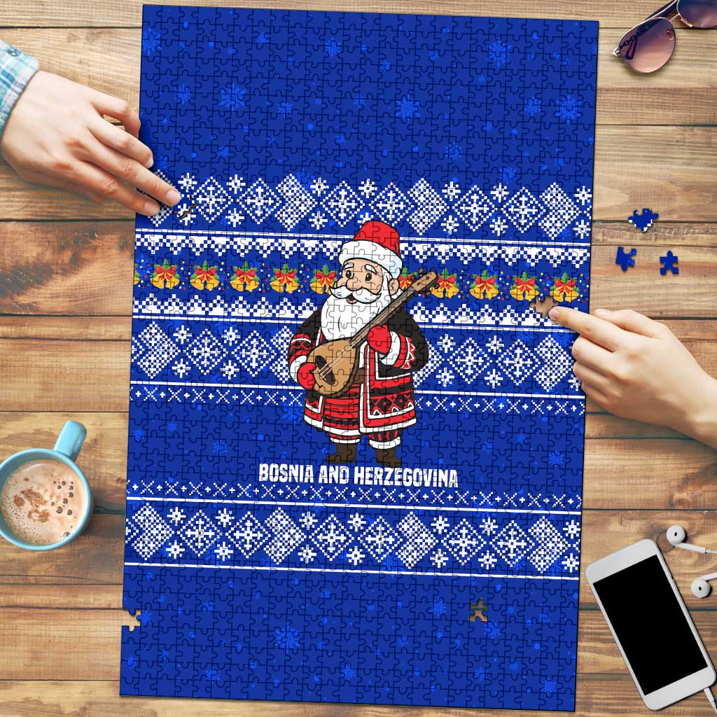 Bosnia and Herzegovina Christmas Puzzle with Santa Playing Traditional Instrument and Blue Snowflake Pattern - Wonder Print Shop