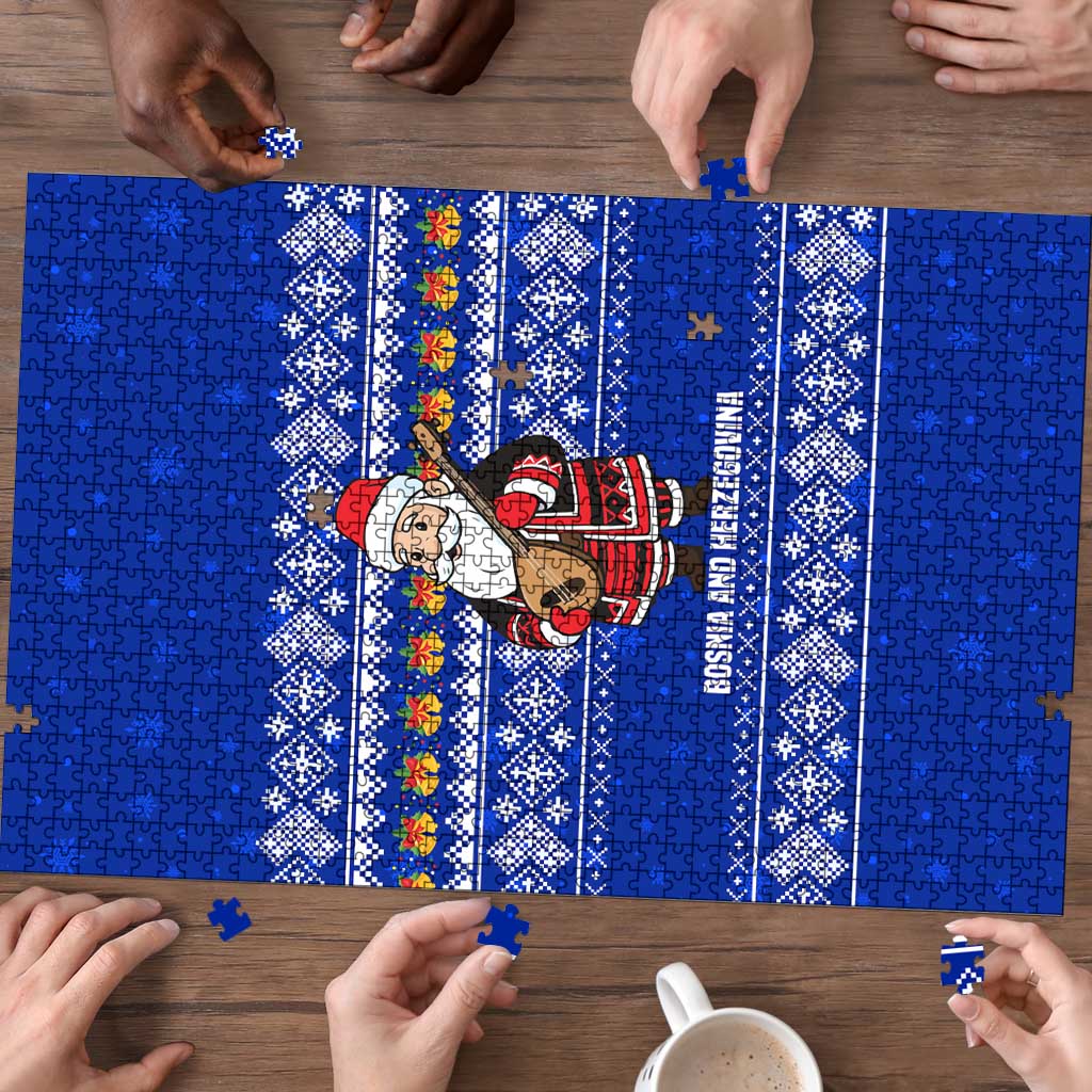 Bosnia and Herzegovina Christmas Puzzle with Santa Playing Traditional Instrument and Blue Snowflake Pattern - Wonder Print Shop