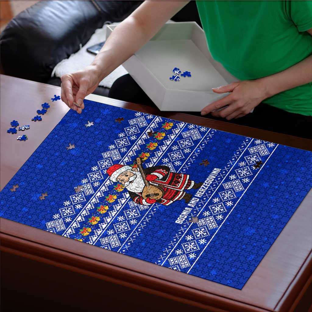 Bosnia and Herzegovina Christmas Puzzle with Santa Playing Traditional Instrument and Blue Snowflake Pattern - Wonder Print Shop