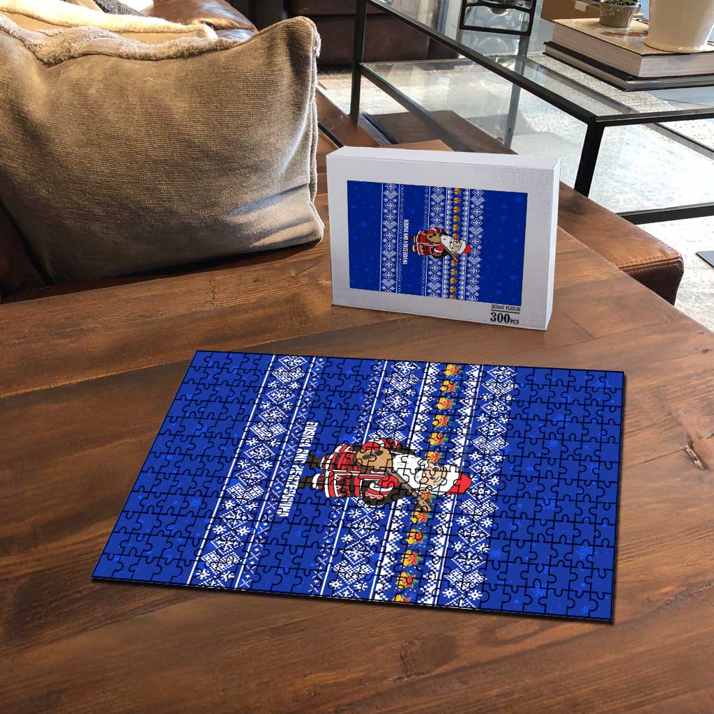 Bosnia and Herzegovina Christmas Puzzle with Santa Playing Traditional Instrument and Blue Snowflake Pattern - Wonder Print Shop