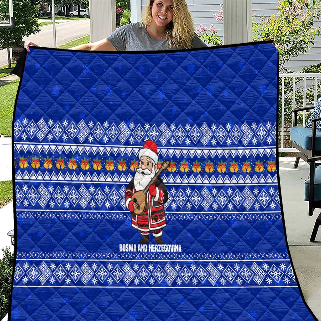 Bosnia and Herzegovina Christmas Quilt with Santa Playing Traditional Instrument and Blue Snowflake Pattern - Wonder Print Shop