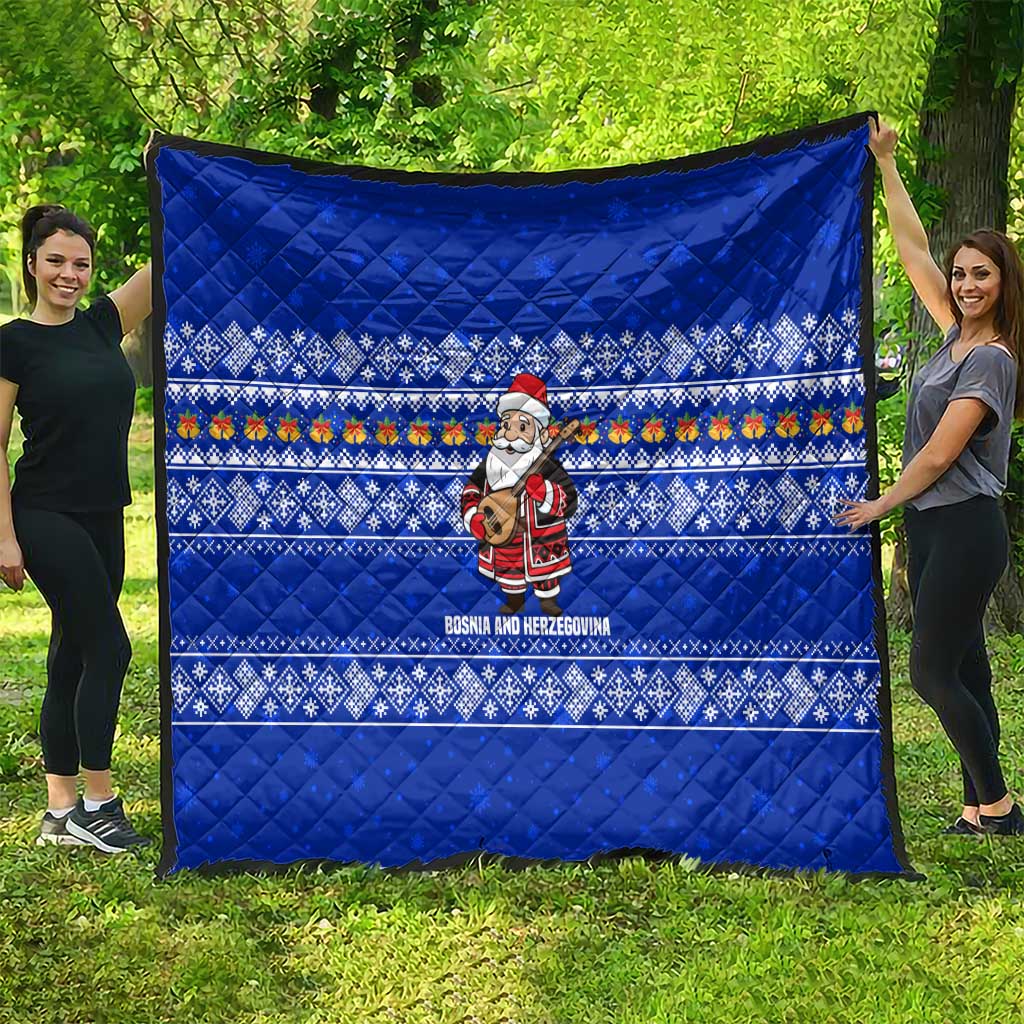 Bosnia and Herzegovina Christmas Quilt with Santa Playing Traditional Instrument and Blue Snowflake Pattern - Wonder Print Shop
