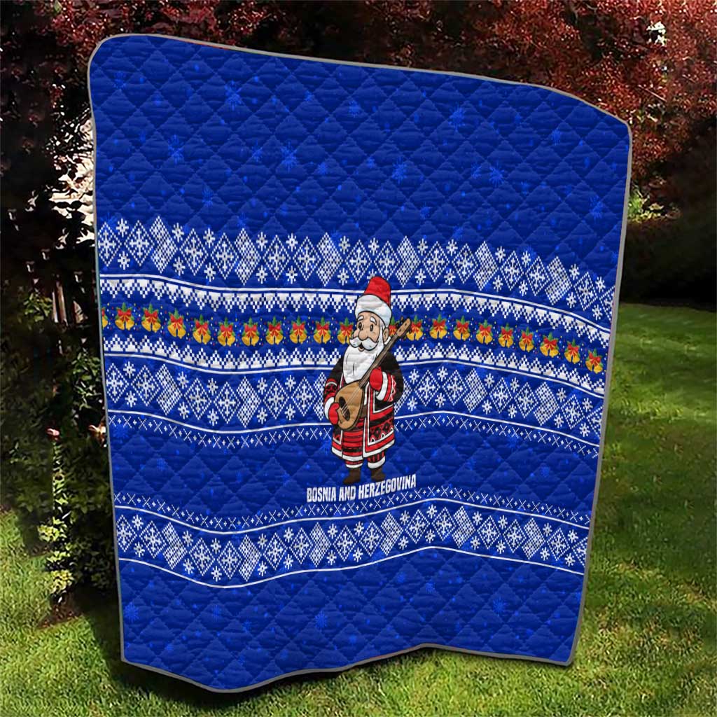 Bosnia and Herzegovina Christmas Quilt with Santa Playing Traditional Instrument and Blue Snowflake Pattern - Wonder Print Shop