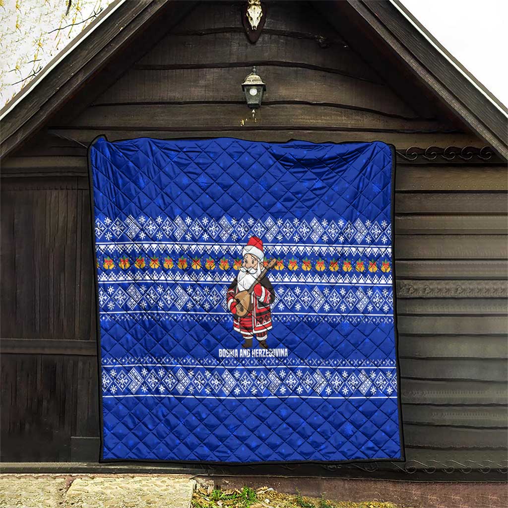 Bosnia and Herzegovina Christmas Quilt with Santa Playing Traditional Instrument and Blue Snowflake Pattern - Wonder Print Shop