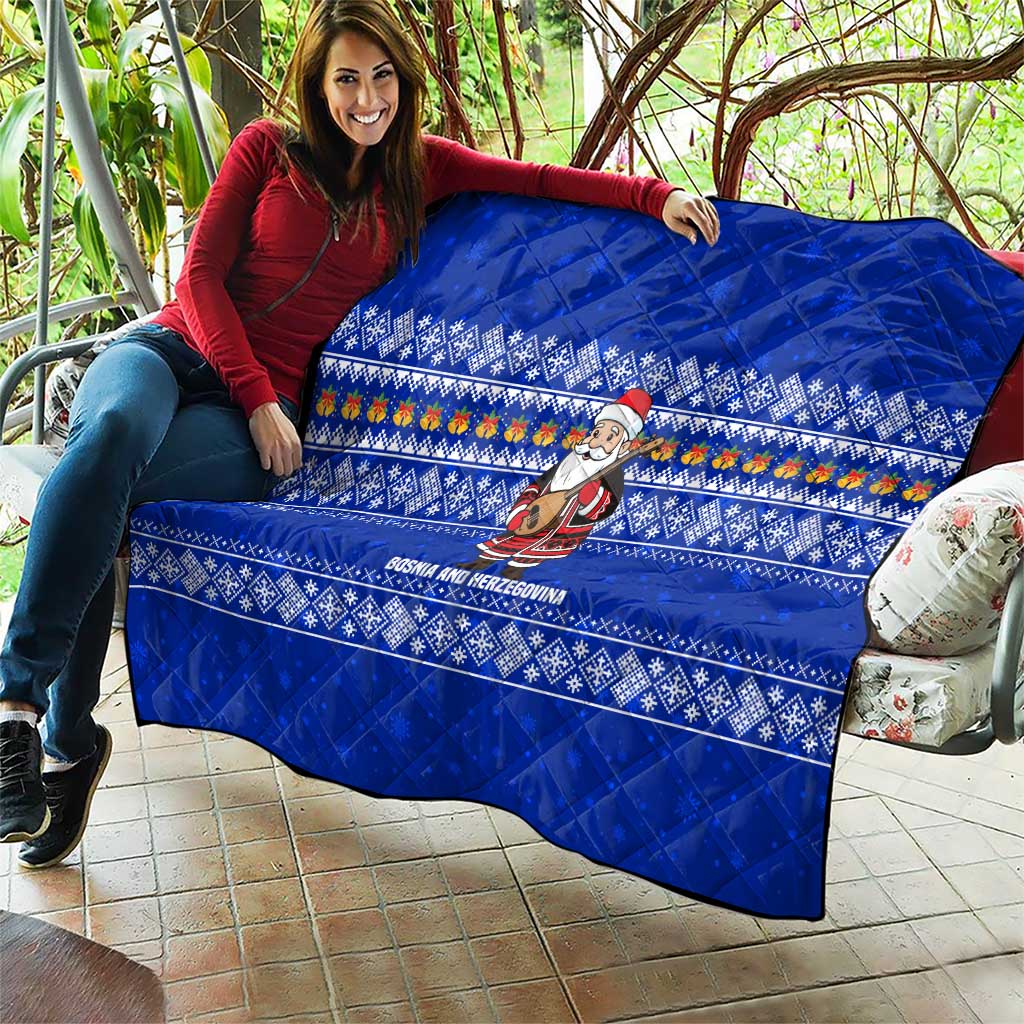 Bosnia and Herzegovina Christmas Quilt with Santa Playing Traditional Instrument and Blue Snowflake Pattern - Wonder Print Shop