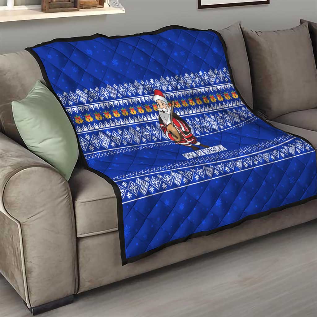 Bosnia and Herzegovina Christmas Quilt with Santa Playing Traditional Instrument and Blue Snowflake Pattern - Wonder Print Shop