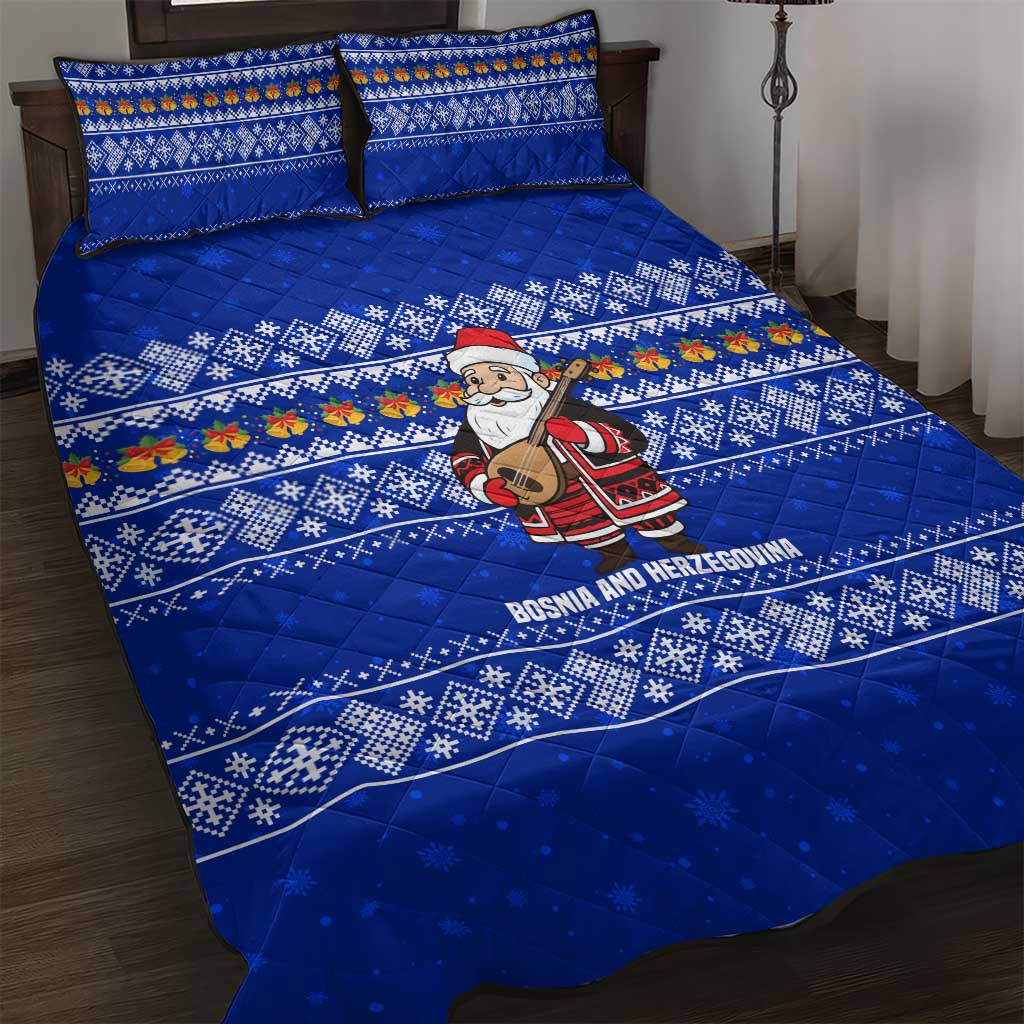 Bosnia and Herzegovina Christmas Quilt Bed Set with Santa Playing Traditional Instrument and Blue Snowflake Pattern - Wonder Print Shop