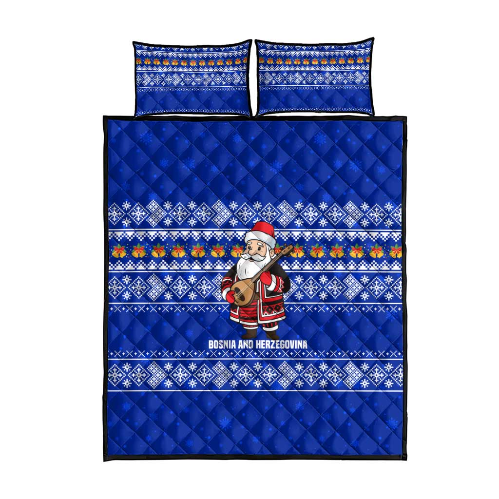 Bosnia and Herzegovina Christmas Quilt Bed Set with Santa Playing Traditional Instrument and Blue Snowflake Pattern - Wonder Print Shop