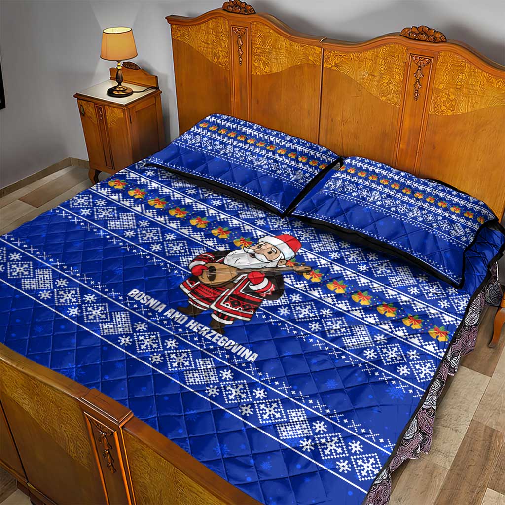 Bosnia and Herzegovina Christmas Quilt Bed Set with Santa Playing Traditional Instrument and Blue Snowflake Pattern - Wonder Print Shop