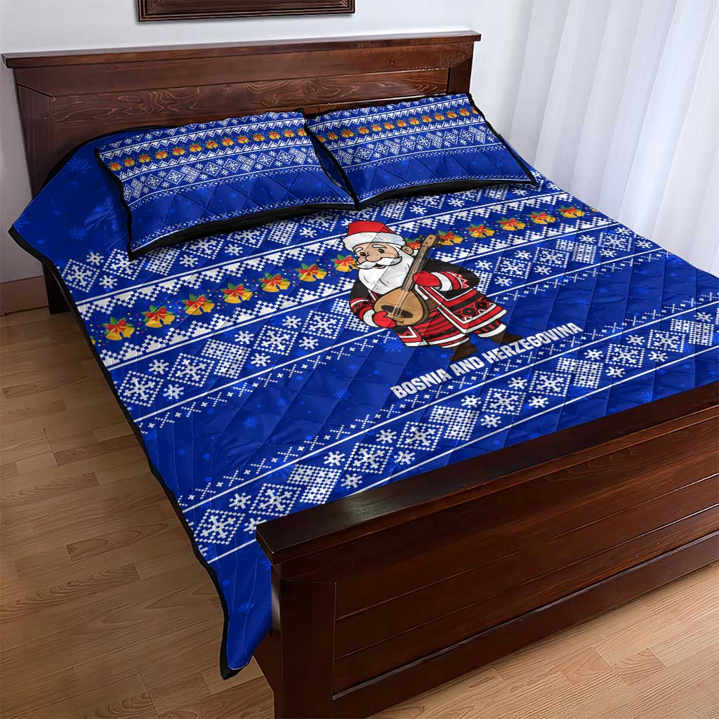 Bosnia and Herzegovina Christmas Quilt Bed Set with Santa Playing Traditional Instrument and Blue Snowflake Pattern - Wonder Print Shop