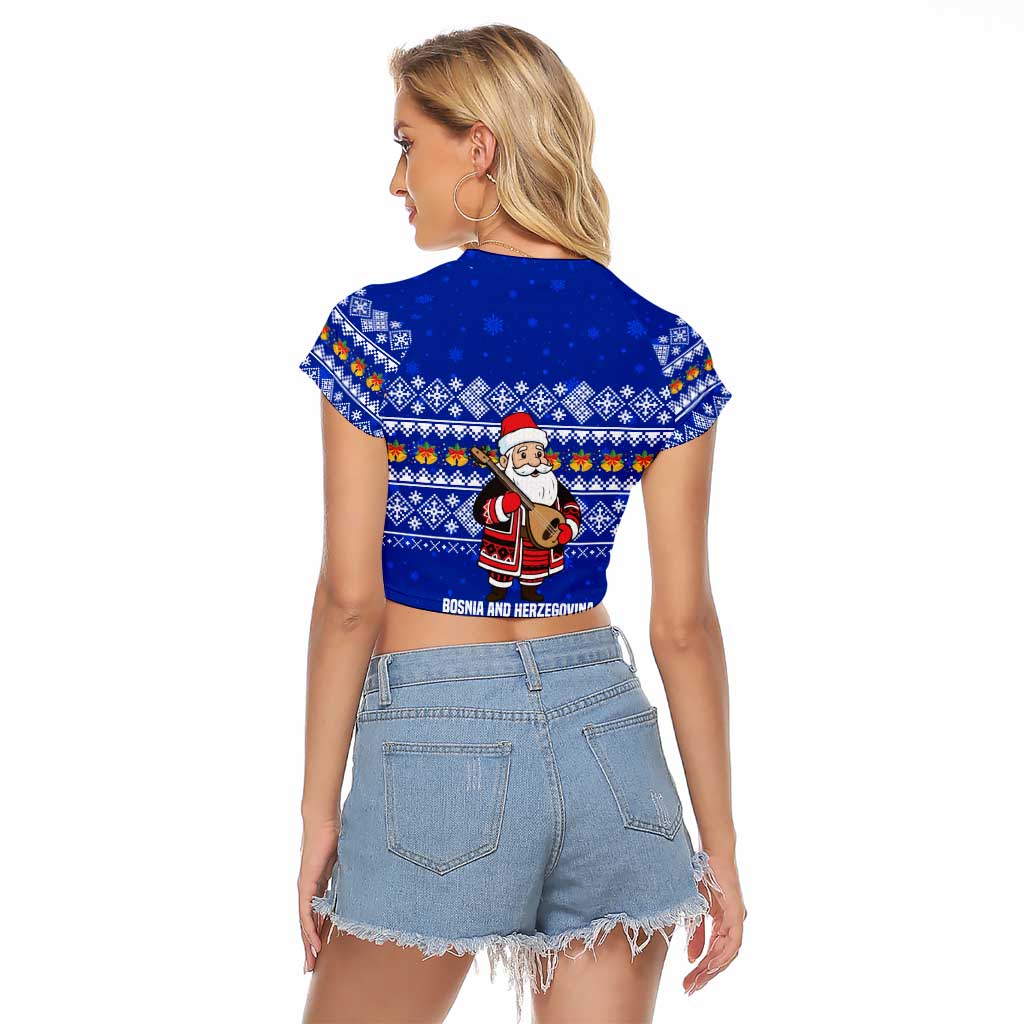 Bosnia and Herzegovina Christmas Raglan Cropped T Shirt with Santa Playing Traditional Instrument and Blue Snowflake Pattern - Wonder Print Shop