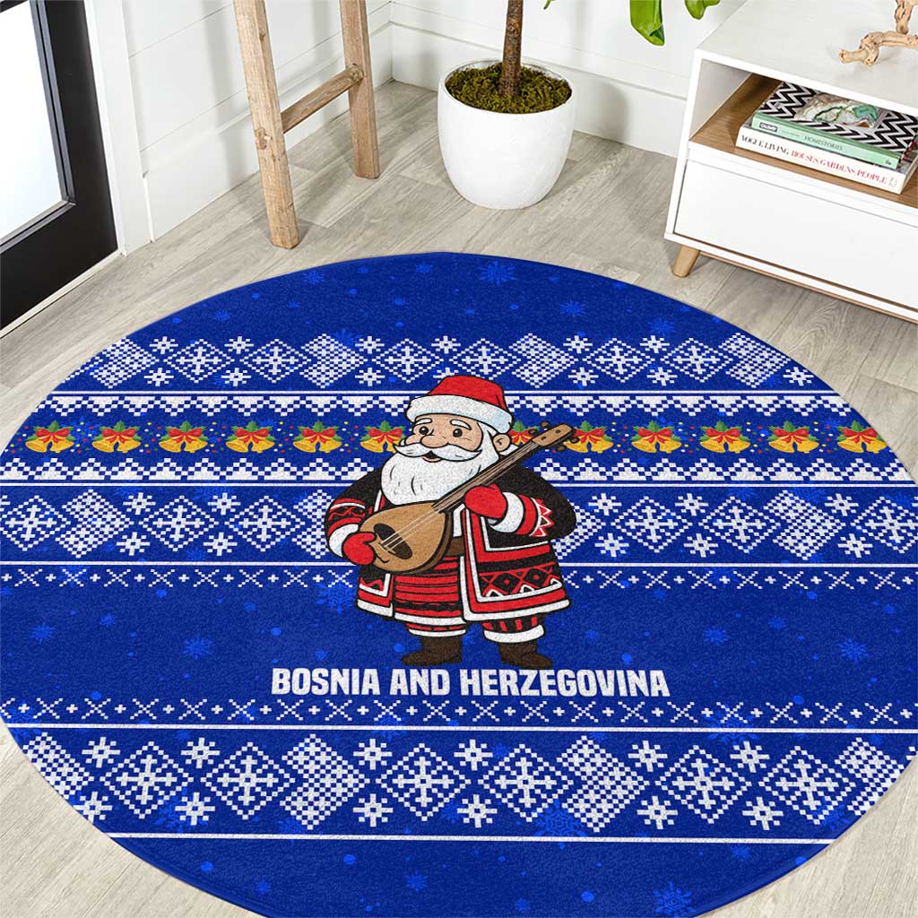 Bosnia and Herzegovina Christmas Round Carpet with Santa Playing Traditional Instrument and Blue Snowflake Pattern - Wonder Print Shop