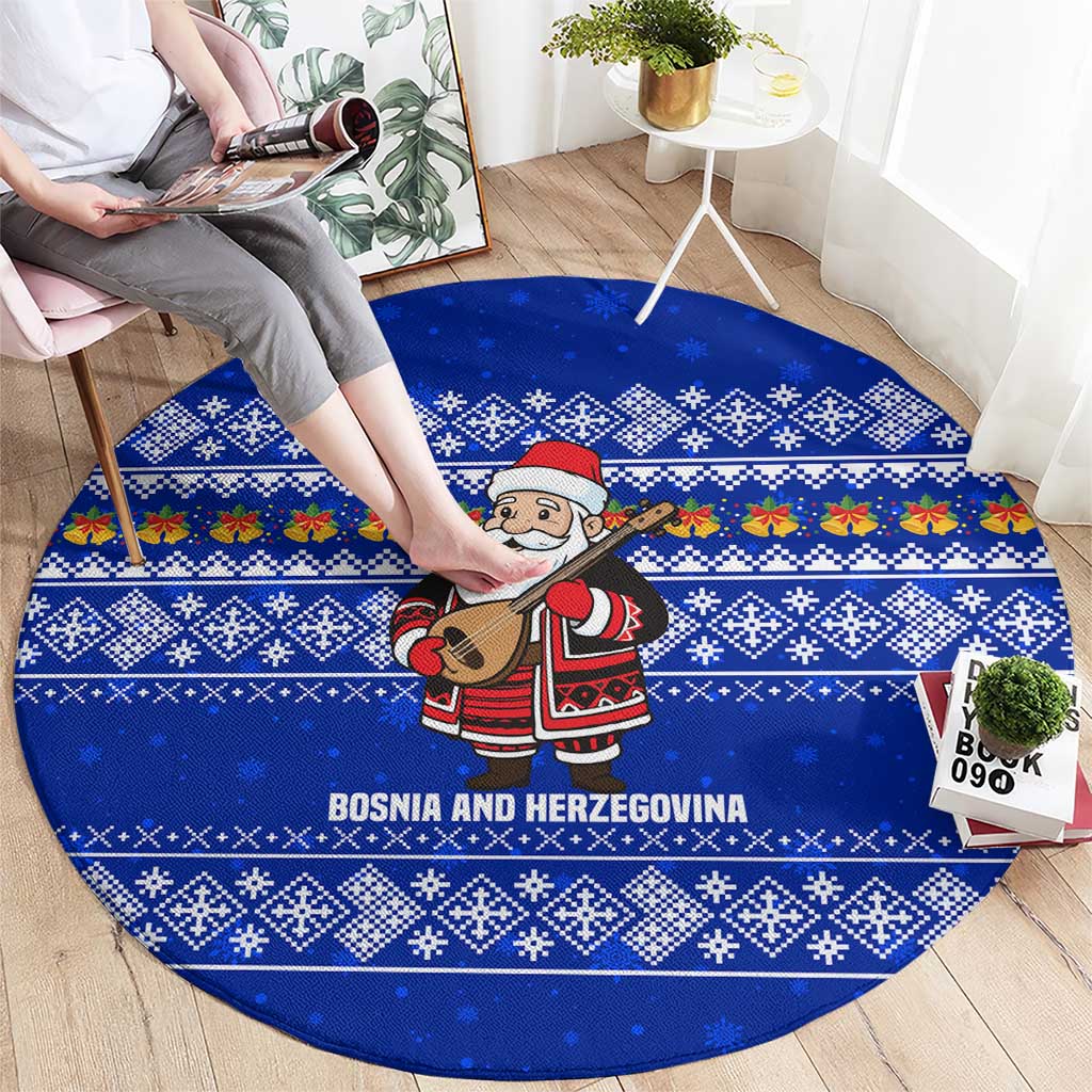 Bosnia and Herzegovina Christmas Round Carpet with Santa Playing Traditional Instrument and Blue Snowflake Pattern - Wonder Print Shop