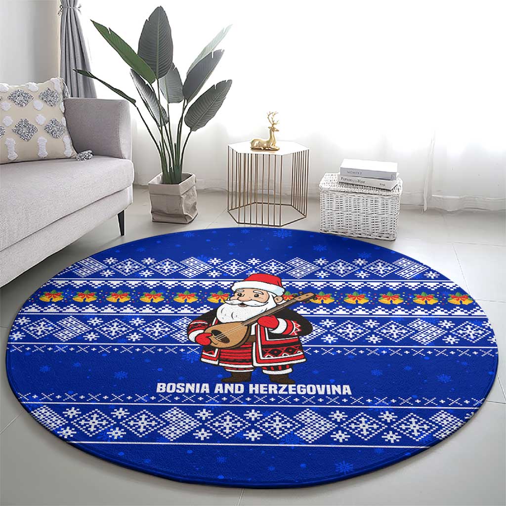 Bosnia and Herzegovina Christmas Round Carpet with Santa Playing Traditional Instrument and Blue Snowflake Pattern - Wonder Print Shop