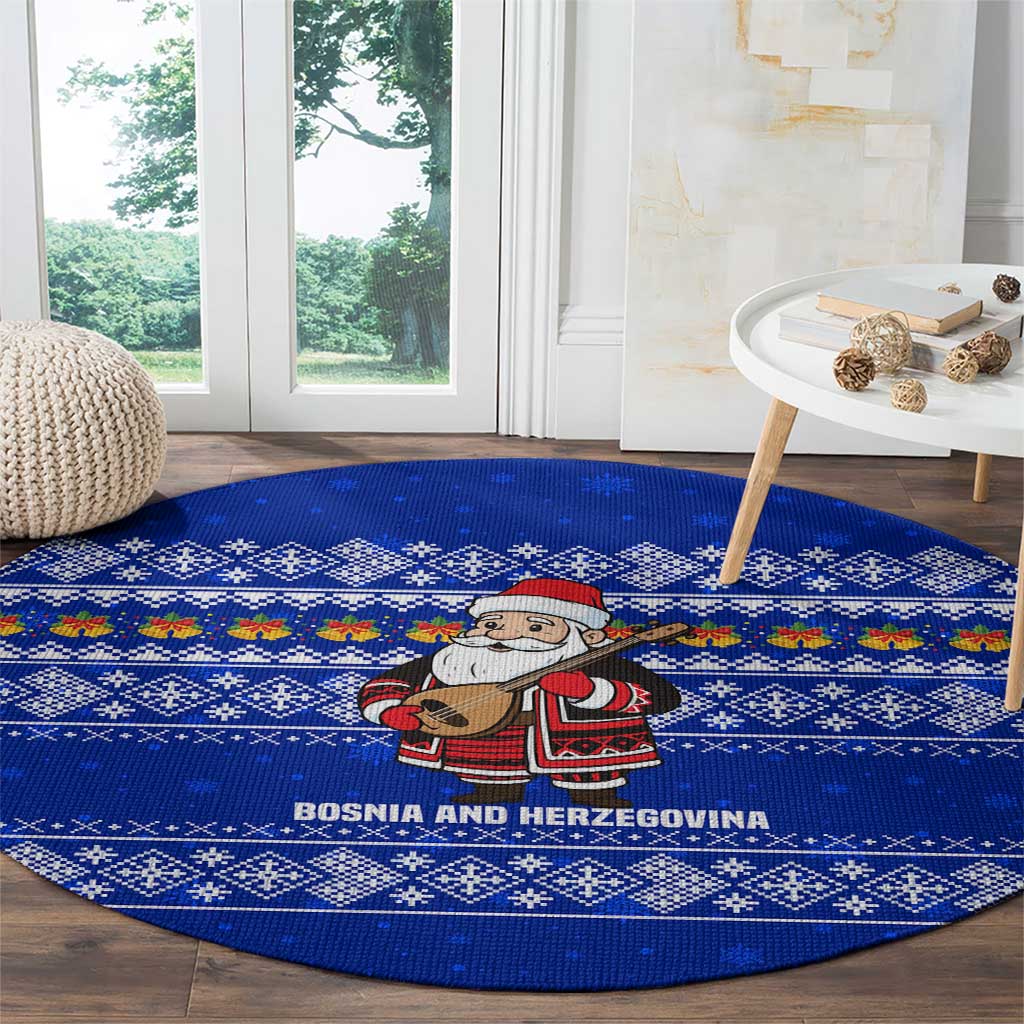 Bosnia and Herzegovina Christmas Round Carpet with Santa Playing Traditional Instrument and Blue Snowflake Pattern - Wonder Print Shop